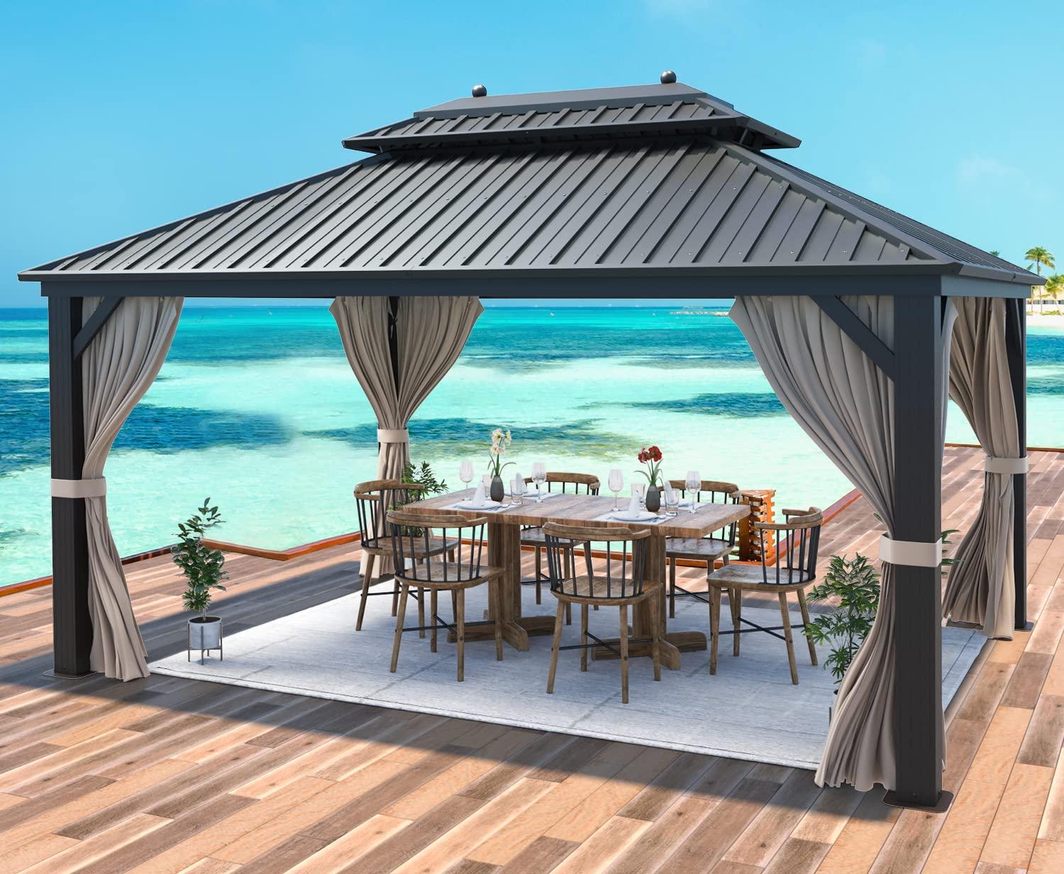 MELLCOM 10'x13' Hardtop Gazebo Double Roof Galvanized Steel Canopy with Aluminum Frame, Permanent Metal Pavilion with Netting and Curtains for Patio, Gardens and Lawns