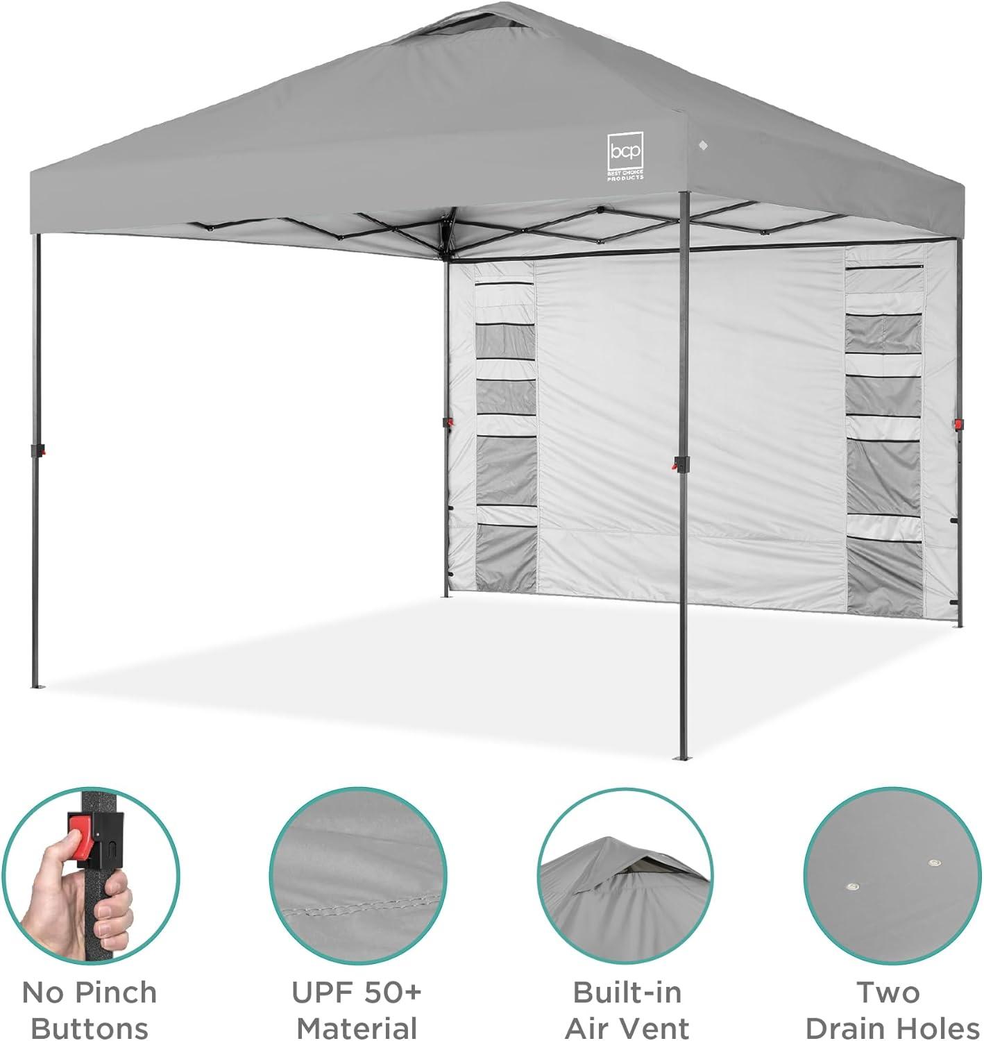 Best Choice Products 10x10ft Easy Setup Pop Up Canopy, Portable Tent w/ Side Wall, 1-Button Push, Case - Silver