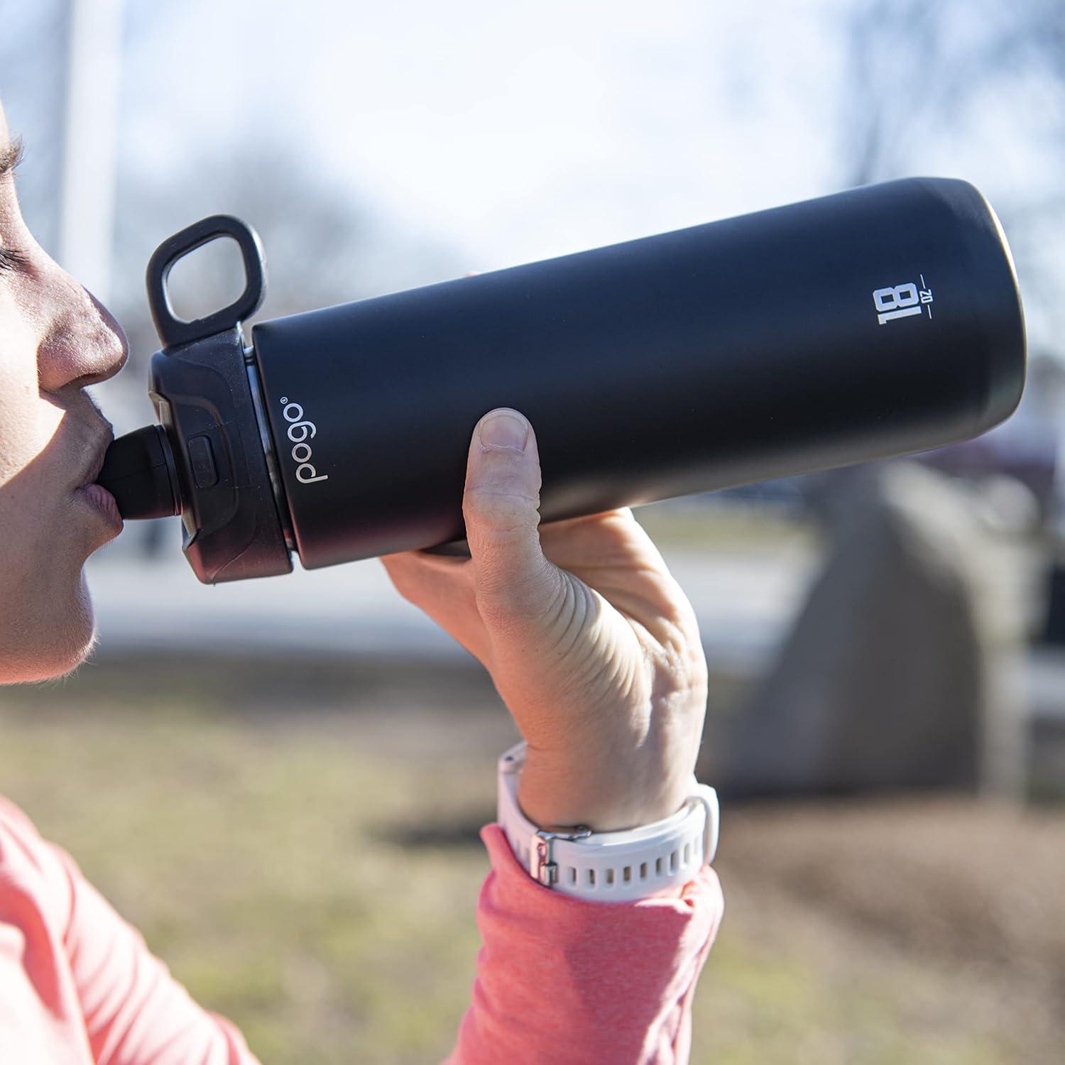 Pogo Active Vacuum Insulated Stainless Steel Water Bottle with Leak Proof Chug Lid and Silicone Carry Loop, Powdercoat, Black, 18 oz