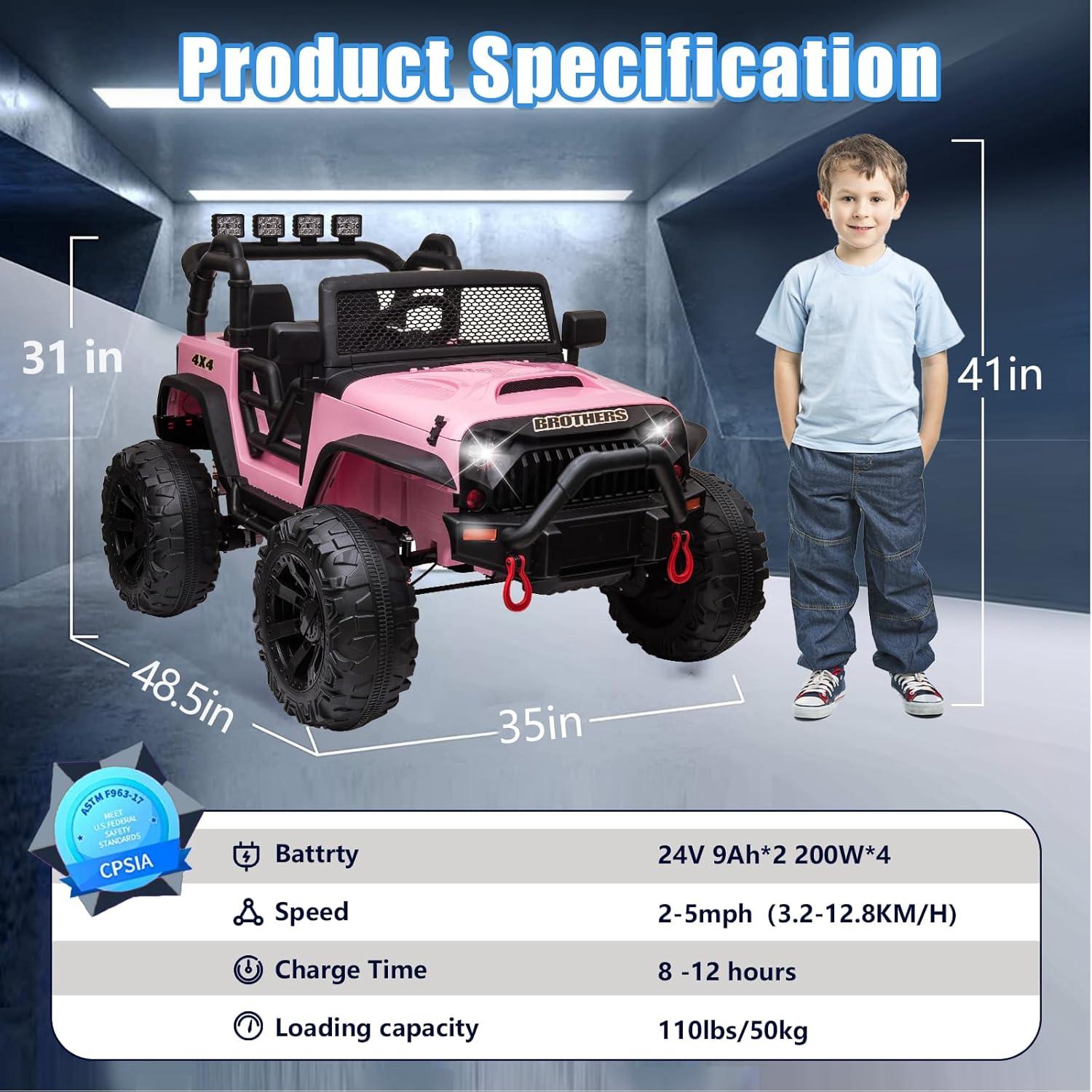 Ancheer 24V 2 Seater Ride On Car Jeep For Big Kids, Ride On Toys UTV With Parent Remote, LED Lights, Spring Suspension, Bluetooth, Music, USB, MP3