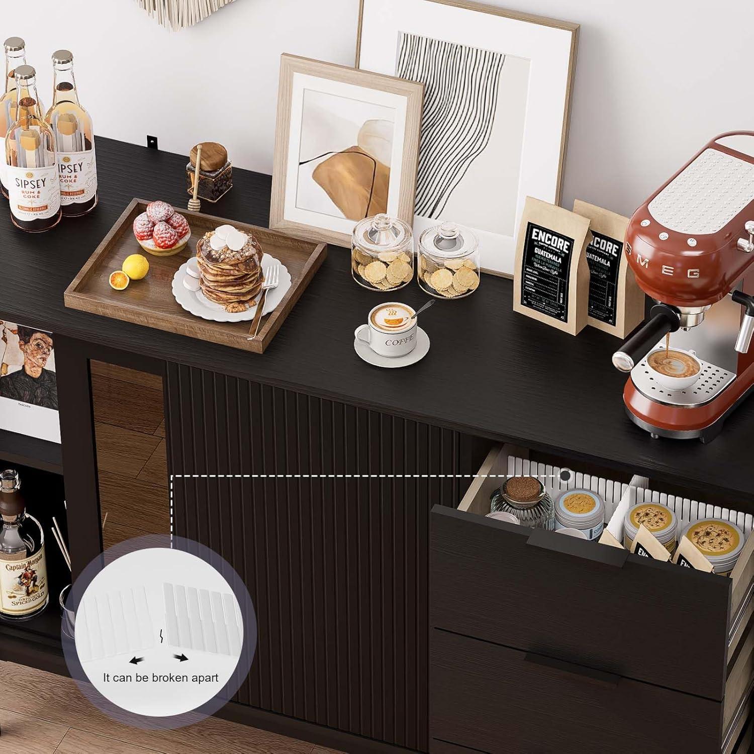 Ebern Designs Ebern Designs Sideboard Anetha, 47" X 31.5" Buffet Anetha With Storage, Black Sideboard With 2 Sliding Doors & 3 Drawers, Wood Coffee Bar Entryway Storage For Living Room