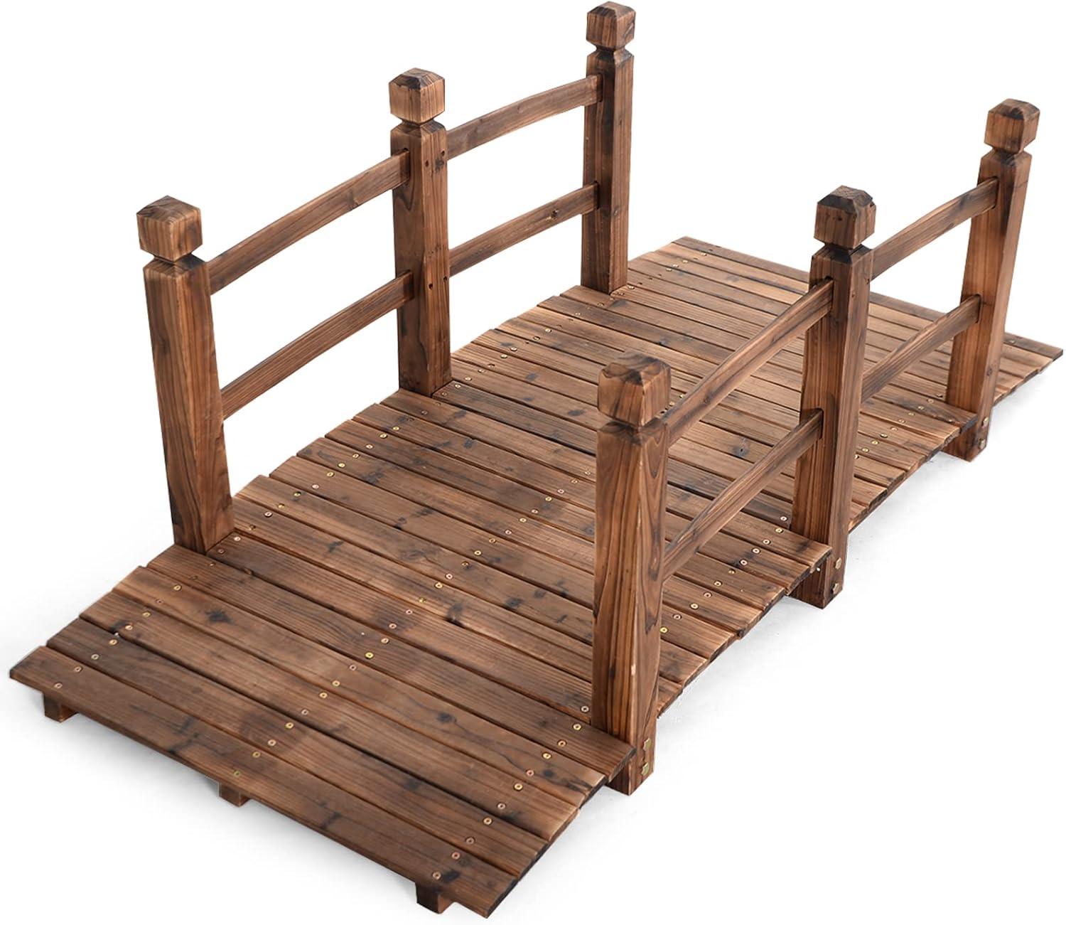 5-Foot Brown Fir Wood Garden Bridge with Railings