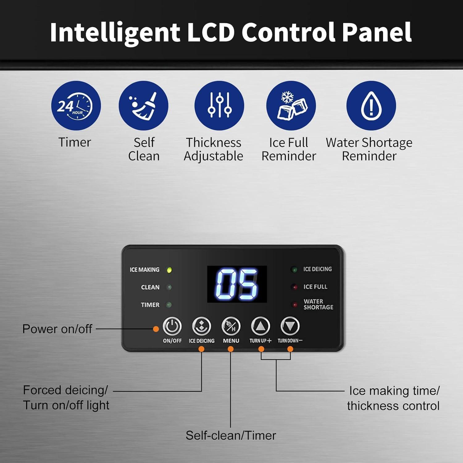 Commercial Built-in or Freestanding Ice Maker 130Lbs/24H with 35Lbs Ice Capacity, 45Pcs Ice Cubes, Stainless Steel
