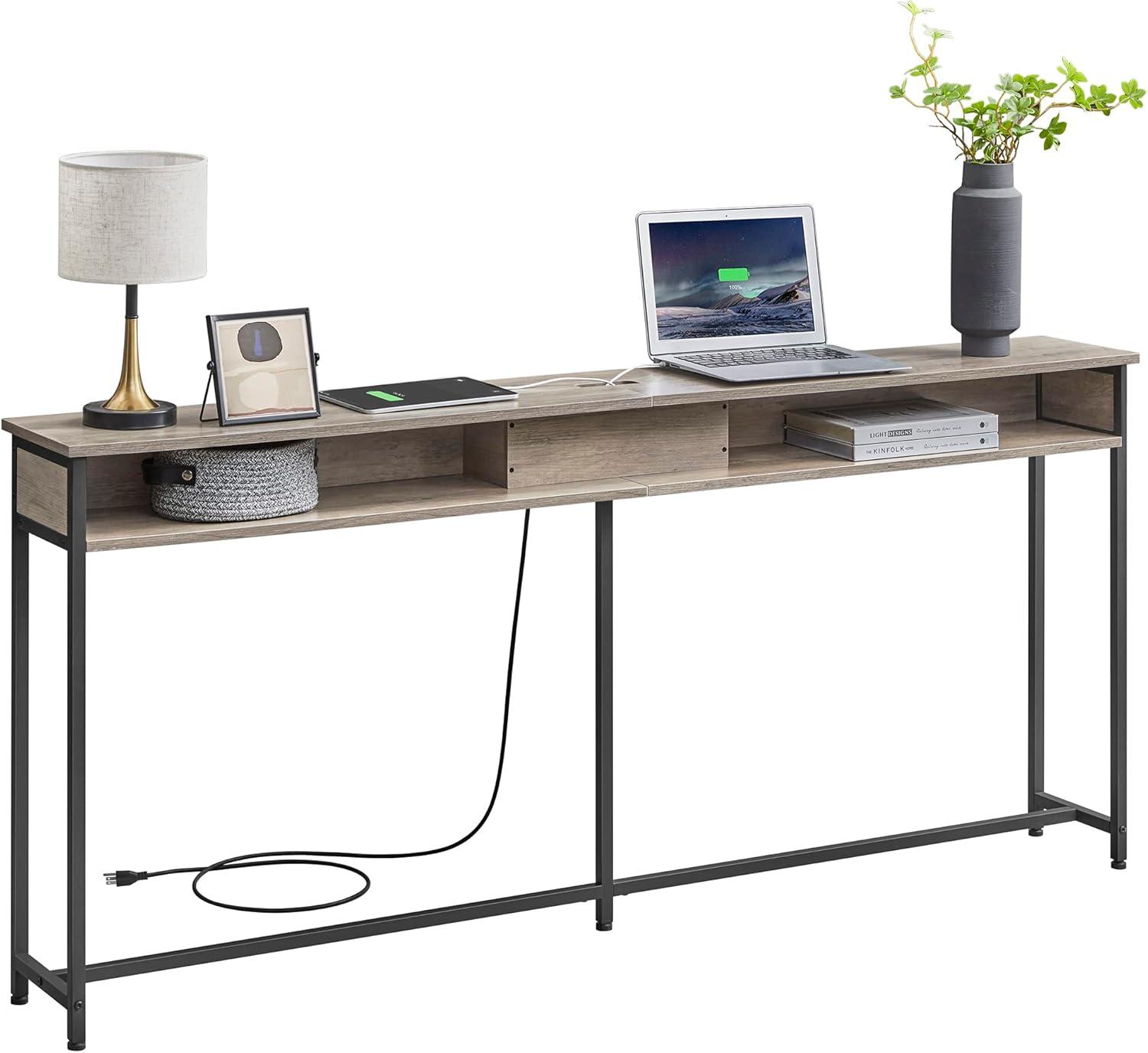 Greige and Black 70.9" Console Table with Storage and Charging Station