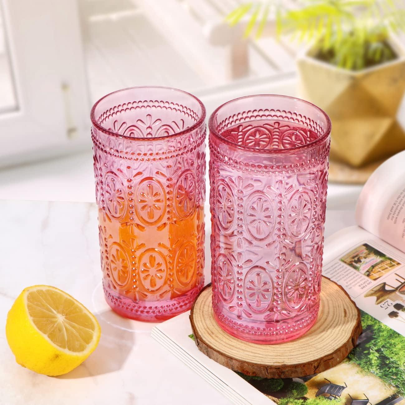 Drinking Highball Beverage Glass Cup, Vintage Drinking Glasses, Colored Glassware Set for Party Wedding Home Office Gift, Set of 4 ,Pink