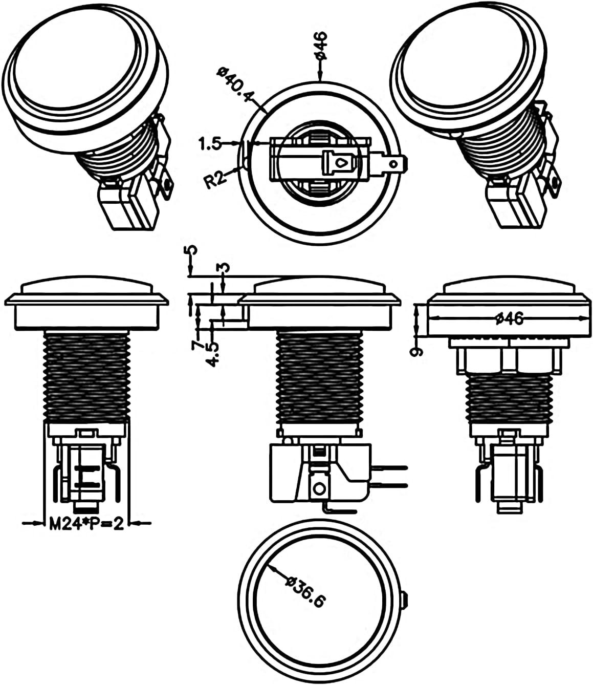 Blue Round LED Illuminated Arcade Push Button Switch, 46mm, 2pcs