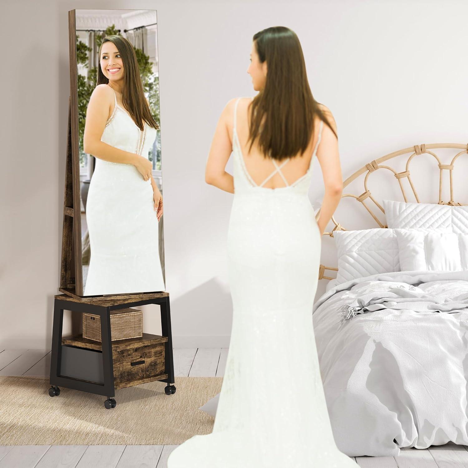 Garvee 360¡ã Swivel Jewelry Armoire, 66" H Floor Standing Locking with Full Length Mirror, Inside Makeup Mirror, Rear Storage Shelves, Brown