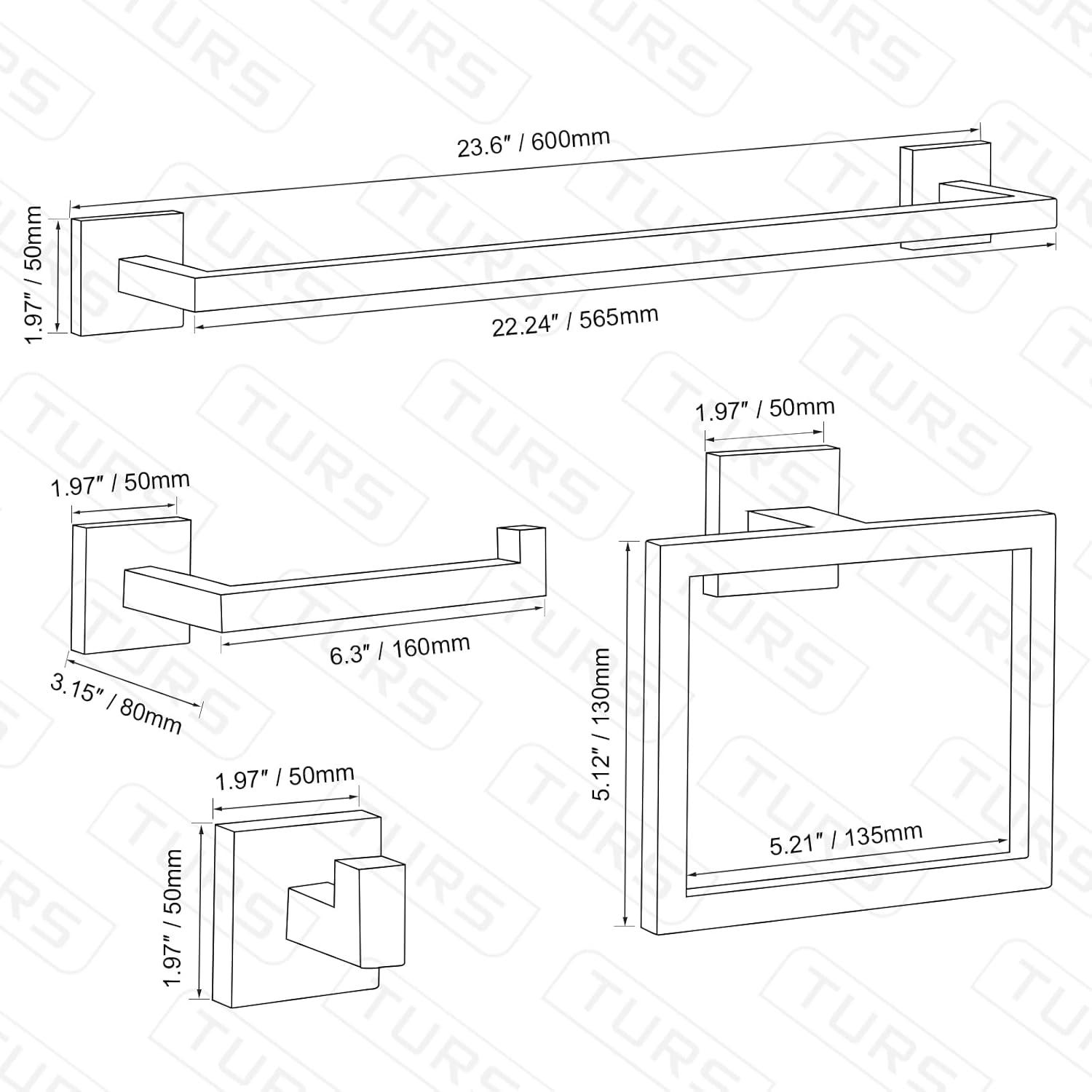 Black Towel Bar Set 5-Piece Bathroom Hardware Set,Square SUS304 Stainless Steel - 23.6 Inch Wall Mounted Towel Rack,Toilet Paper Holder,Towel Ring and Towel Hook