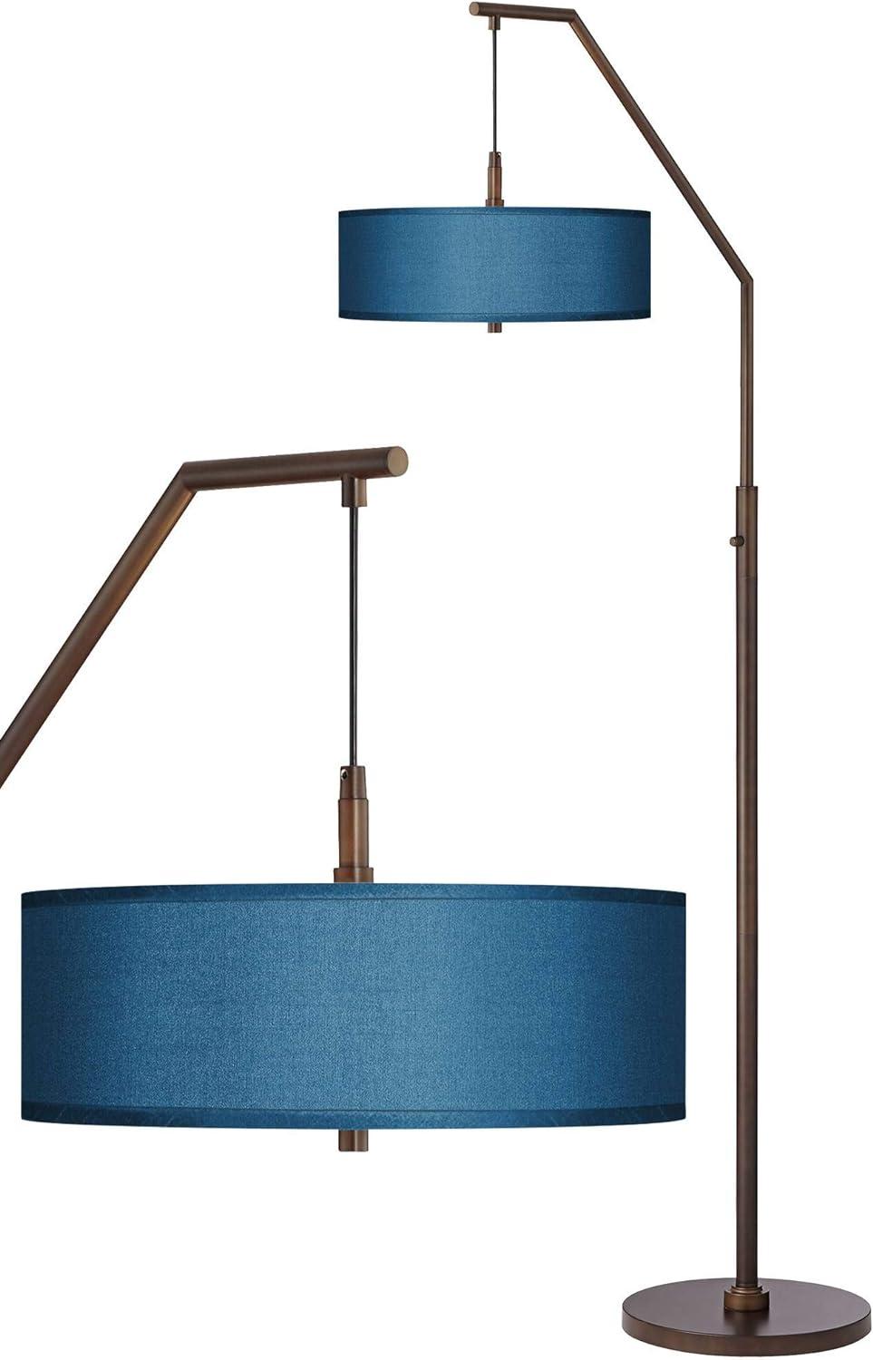 Contemporary Bronze Arc Floor Lamp with Blue Drum Shade