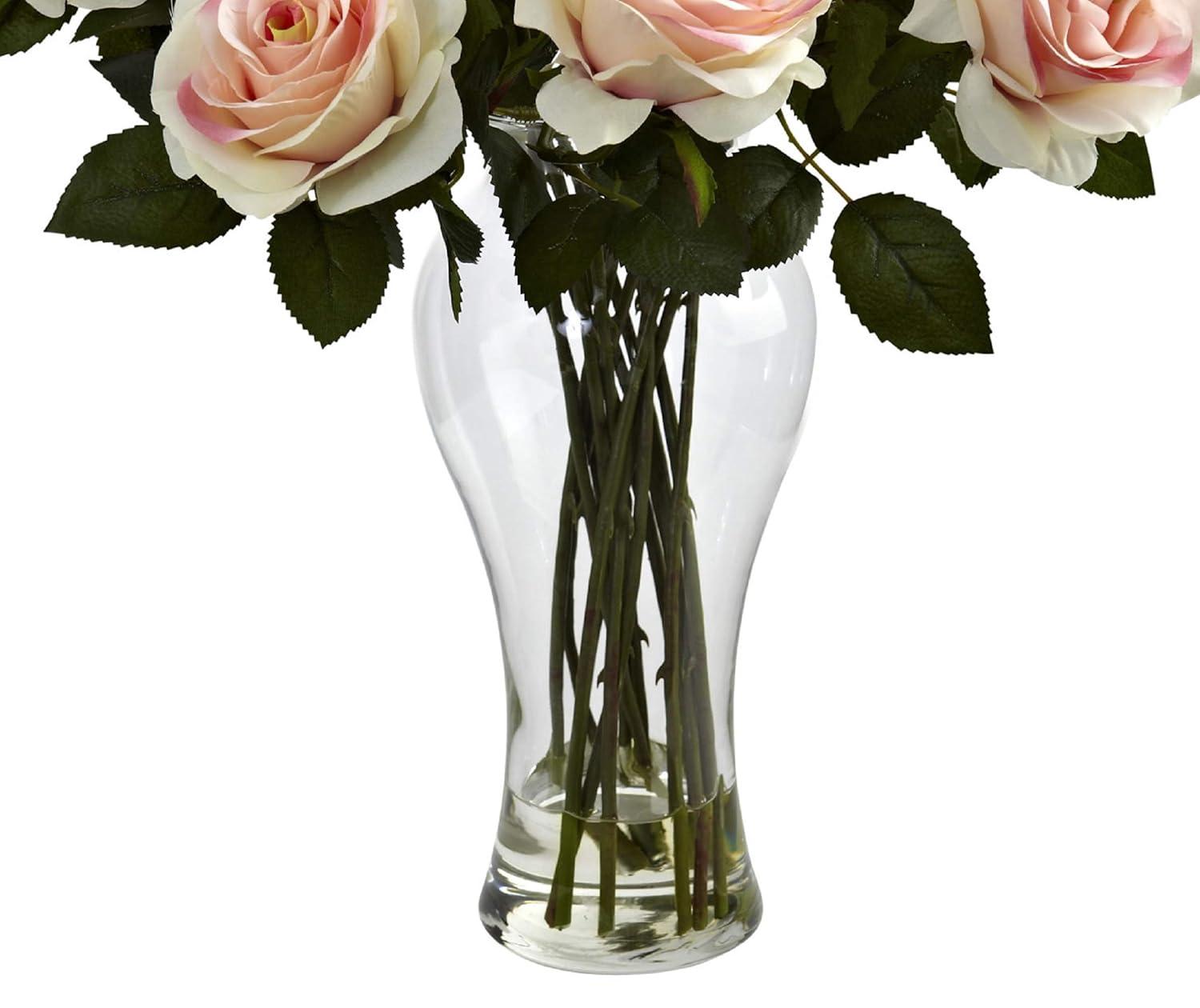 Nearly Natural Blooming Roses Artificial Flowers with Vase, Light Pink