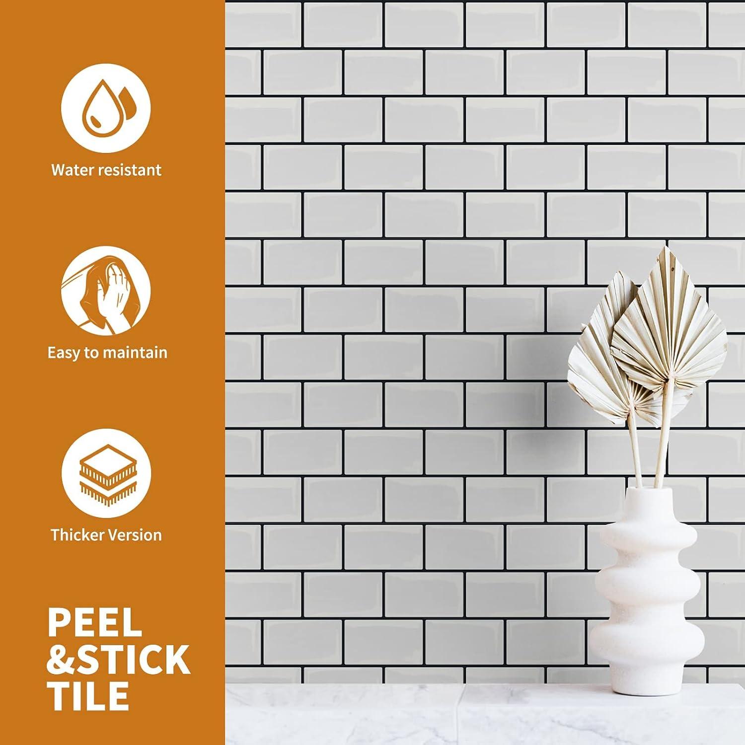 Art3d Peel and Stick Backsplash Tile, 10-Sheet Stick on Subway Tiles for Kitchem, Bathroom Back Splashes, 12"x12", Warm White with Black Grout