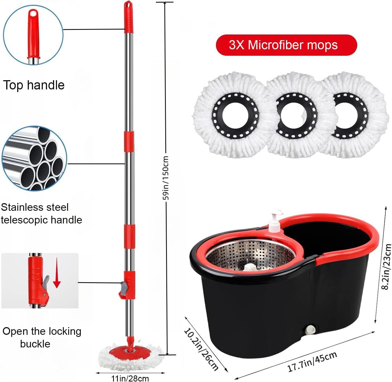 Spin Mop and Bucket Set, 360° Spin Mop and Bucket with Wringer Set and 3 Microfiber Mop Replacement Heads Refills, 61" Stainless Steel Extended Handle Spinning Mop Bucket System for Floor Cleaning