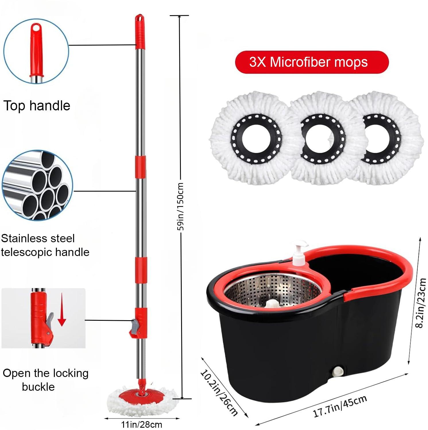 Spin Mop and Bucket Set, 360° Spin Mop and Bucket with Wringer Set and 3 Microfiber Mop Replacement Heads Refills, 61" Stainless Steel Extended Handle Spinning Mop Bucket System for Floor Cleaning