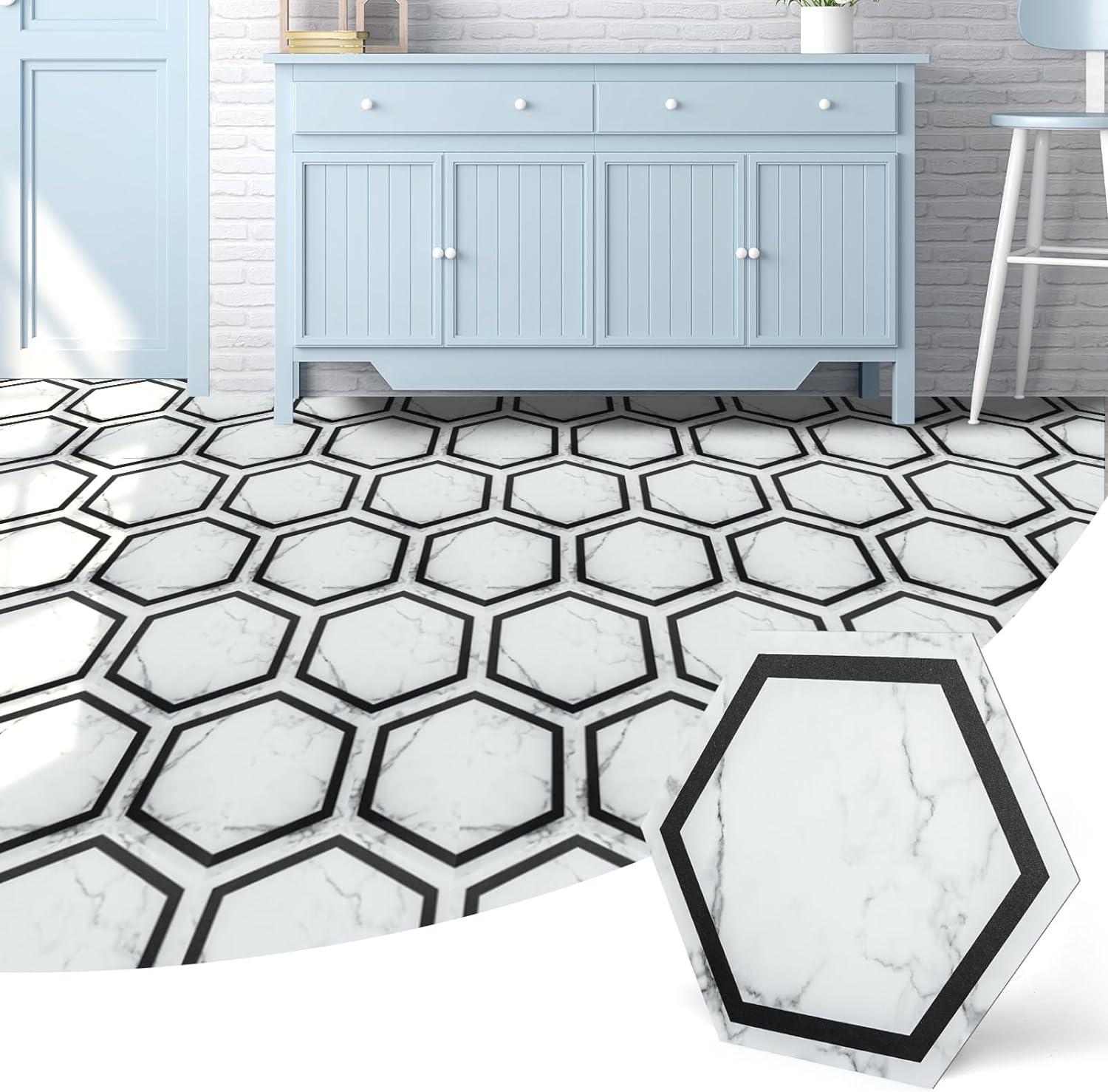 Hexagon White Marble Self-Adhesive Vinyl Floor Tiles