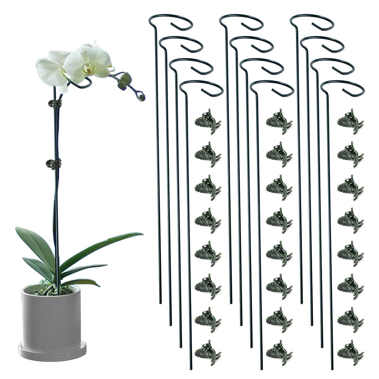 12 Pack Plant Stakes, 24 inch Plant Support Stakes, with 24 Pcs Plant Clips, Green, for Garden