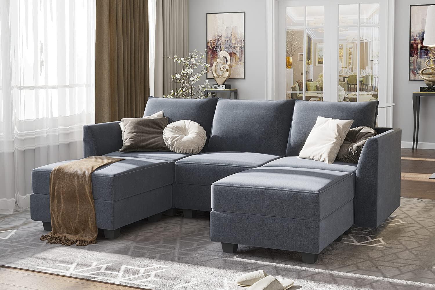 HONBAY Modular Sectional Sofa with Reversible Chaises Sofa with Ottomans U Shaped Sectional Couch for Living Room, Bluish Grey