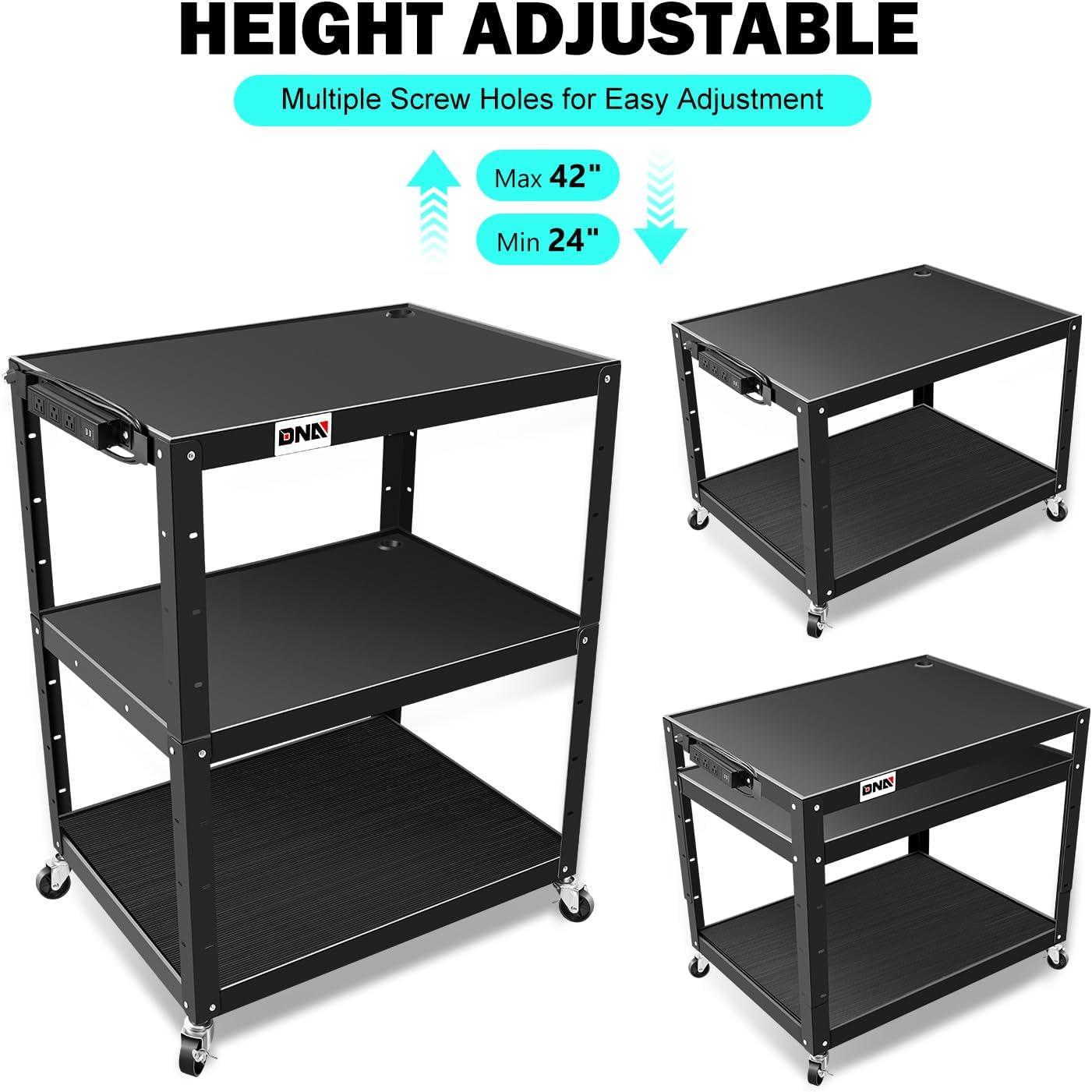 DNA Motoring TOOLS-00137 35" x 25" x 42" Steel Height Adjustable 3-Layer Media Rolling AV Cart With Power Strip +Locking Casters