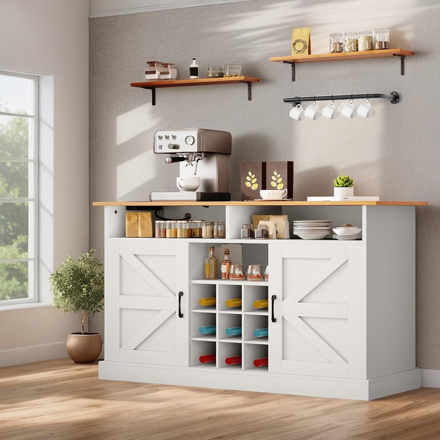 YITAHOME Sideboard Buffet Cabinet, 52" Farmhouse Coffee Bar with Power Outlet, Floating Shelves, Wine Storage for Kitchen & Living Room (White)