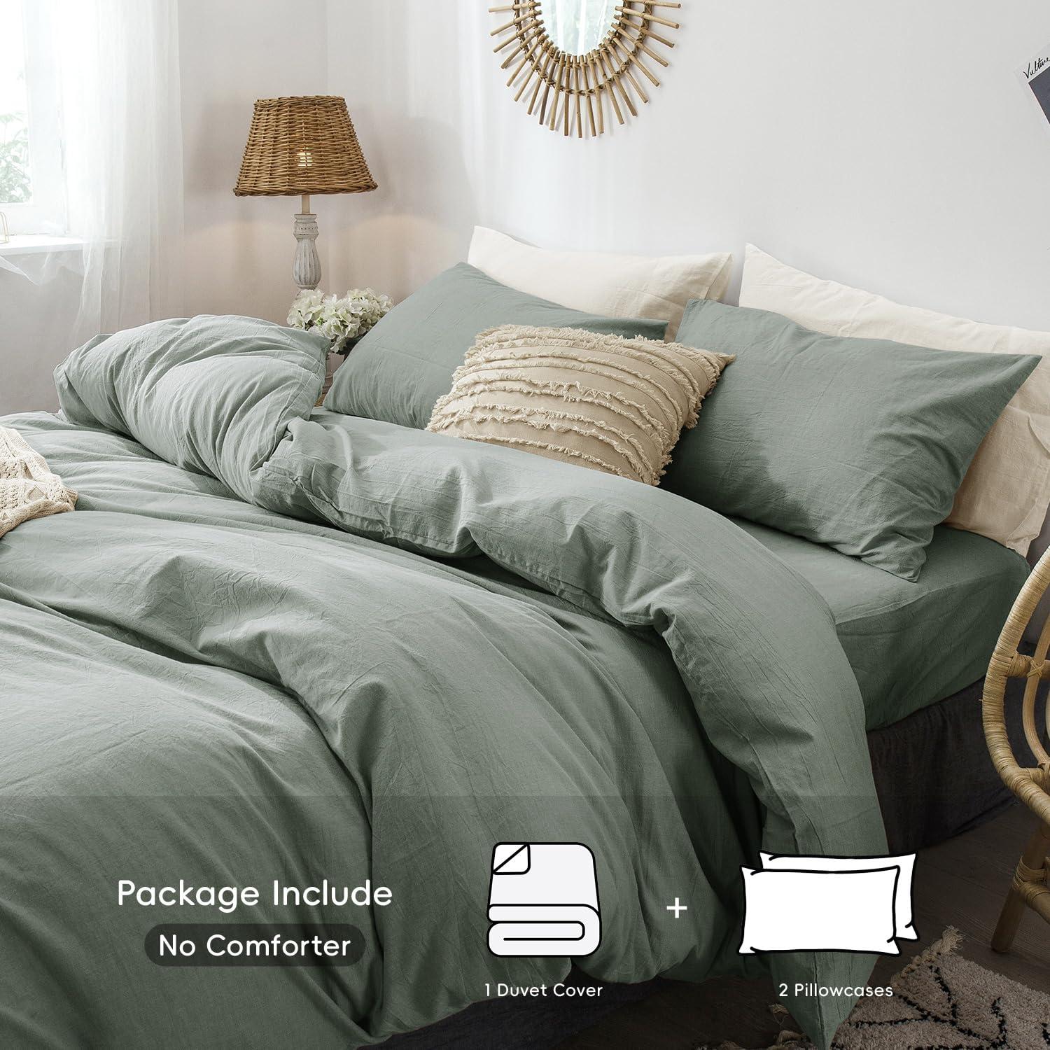 MOOMEE 100% Washed Cotton Linen Like Textured Duvet Cover Set