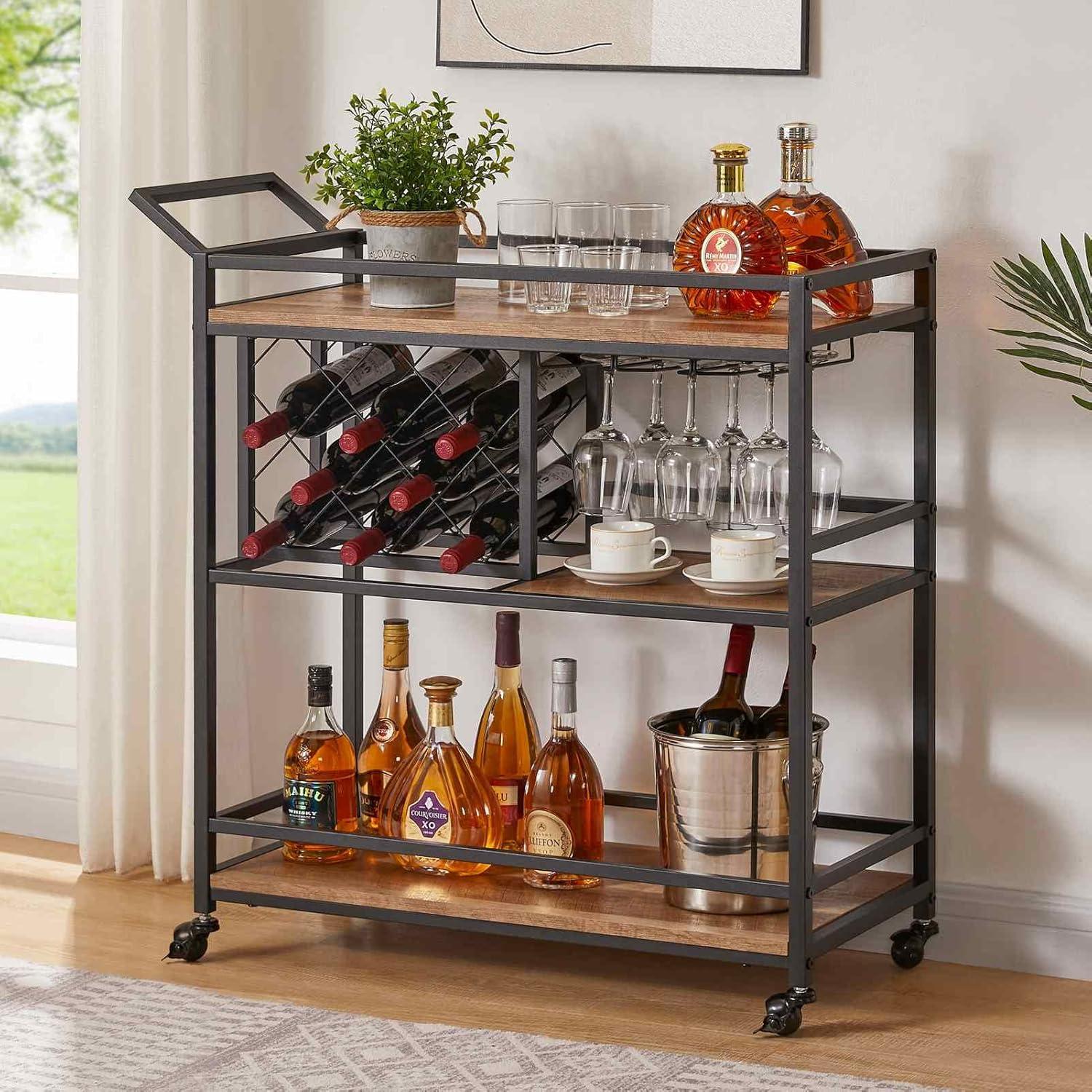 Rustic Oak 3-Tier Rolling Bar Cart with Wine Rack and Glass Holder