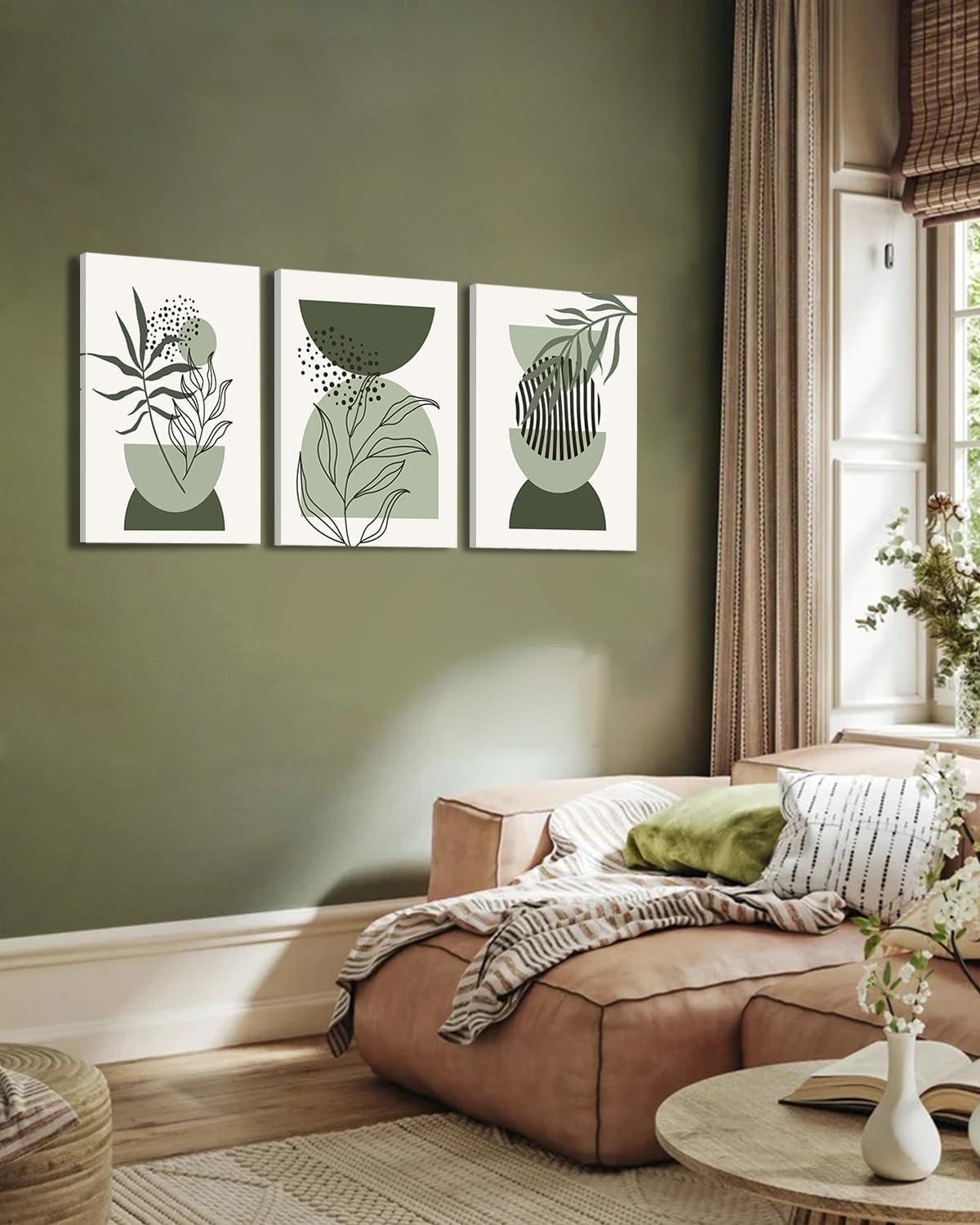 Sage Green Boho Wall Art Set of 3, Minimalist Framed Wall Art Geometric Line Leaf Sun Moon Beige Green Canvas Artwork Paintings, Abstract Botanical Boho Room Decor, Sage Green Wall Posters 12"x16"