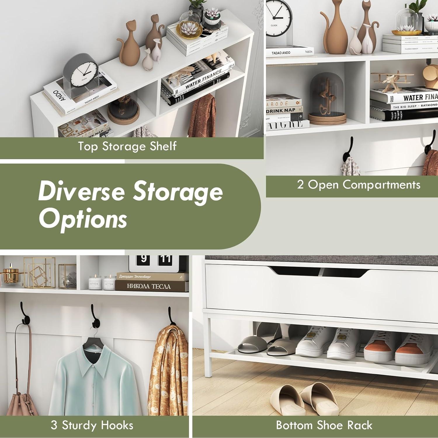 Kadyn Coat Hanger Organizer,Coat Rack, Hall Tree, 69 Inches Tall Hall Tree 4-in-1 Coat Rack with Seat Cushion and Shoe Storage-White