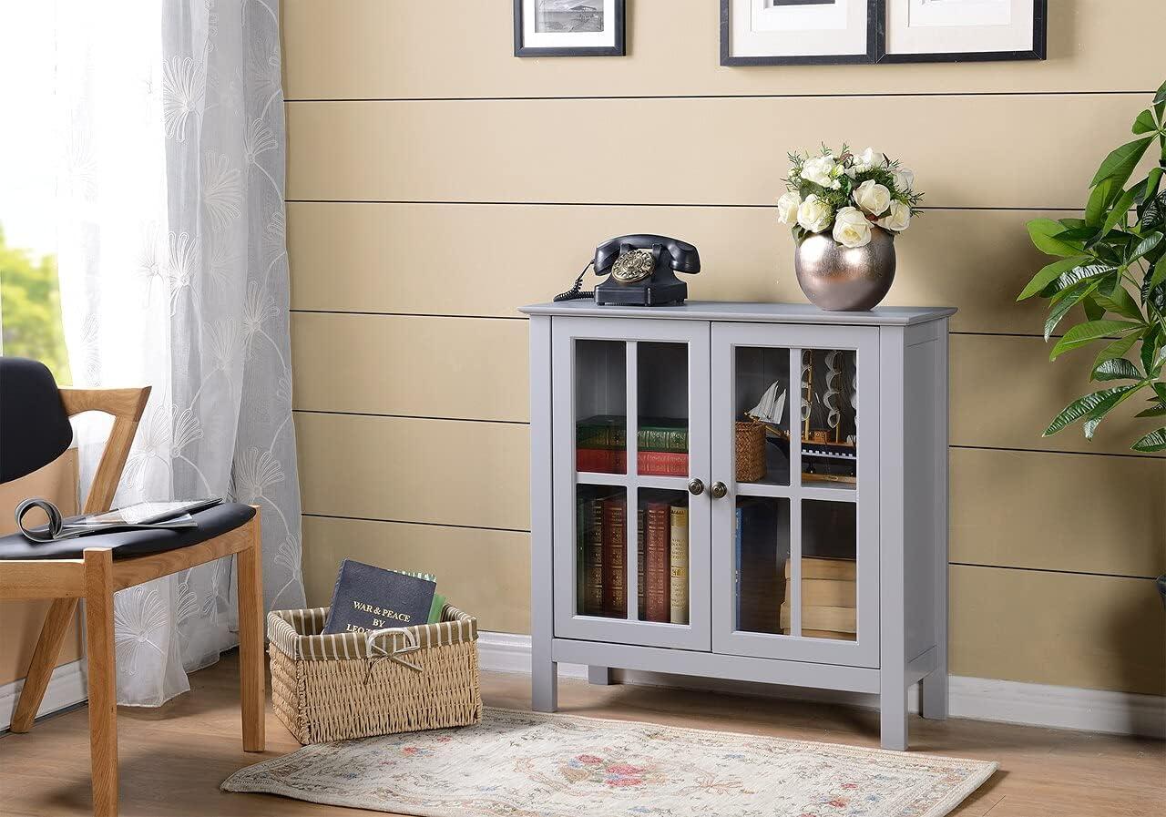 Elegant Dark Gray Glass Door Display Cabinet with Antique Brass Accents