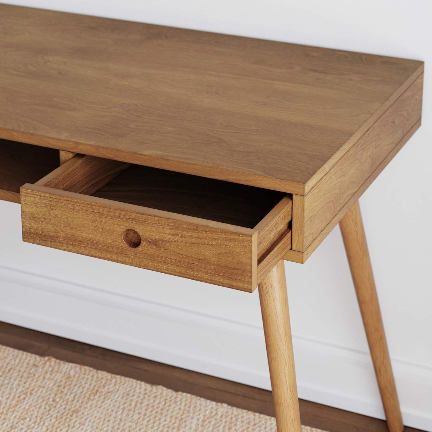 Nathan James Parker Mid-Century Desk with Drawer Acacia Light Brown: MDF Top, Solid Wood Legs, Home Office Furniture