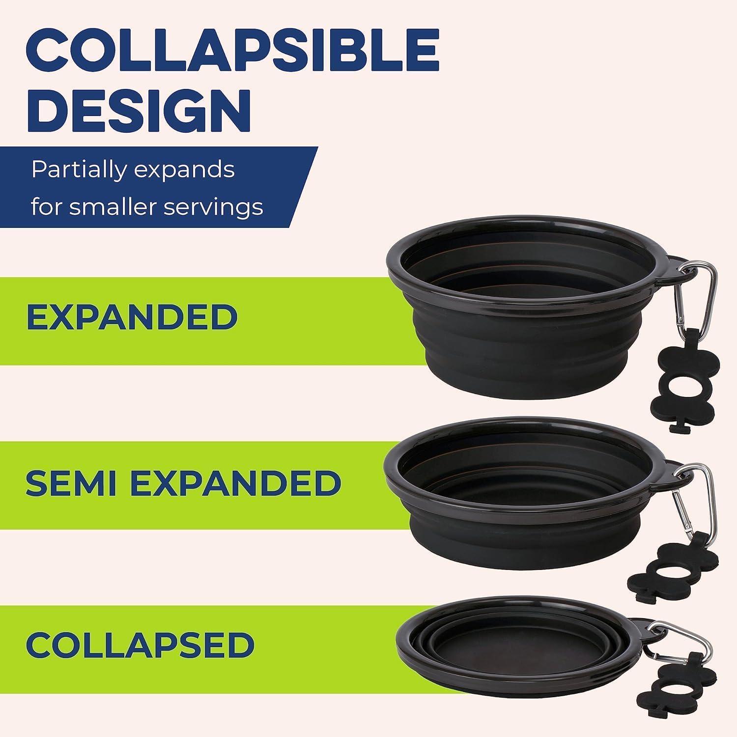 Bonza by Leash Boss Small Collapsible Dog Bowl, Sturdy Reinforced Rim, Includes Carabiner & Water Bottle Holder Keychain, Black