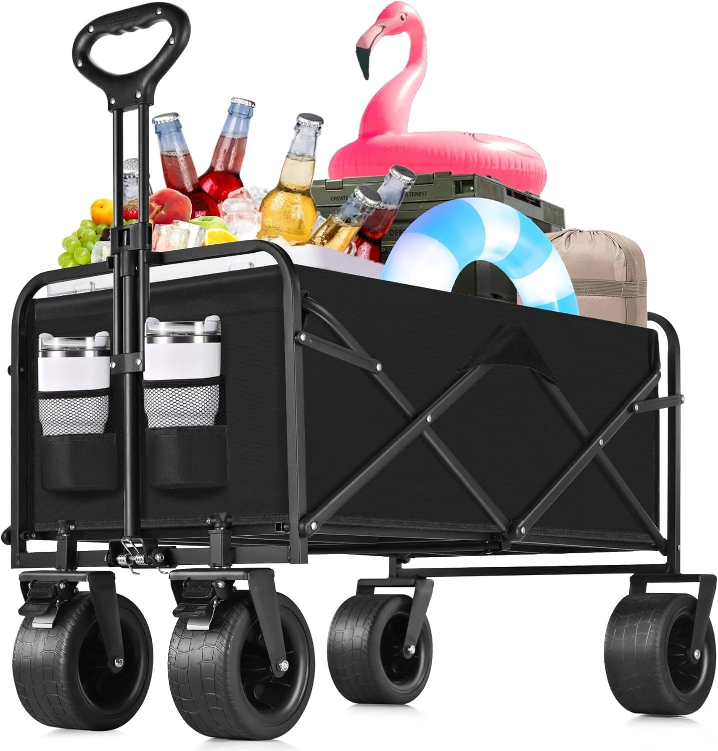 Clearance! Outdoor Utility Wagon Cart with Cup Holdler, Large Capacity Folding Wagon Garden Shopping Beach Cart,Heavy Duty Foldable Cart, for Outdoor Activities, Beaches, Parks, Camping (Blue)
