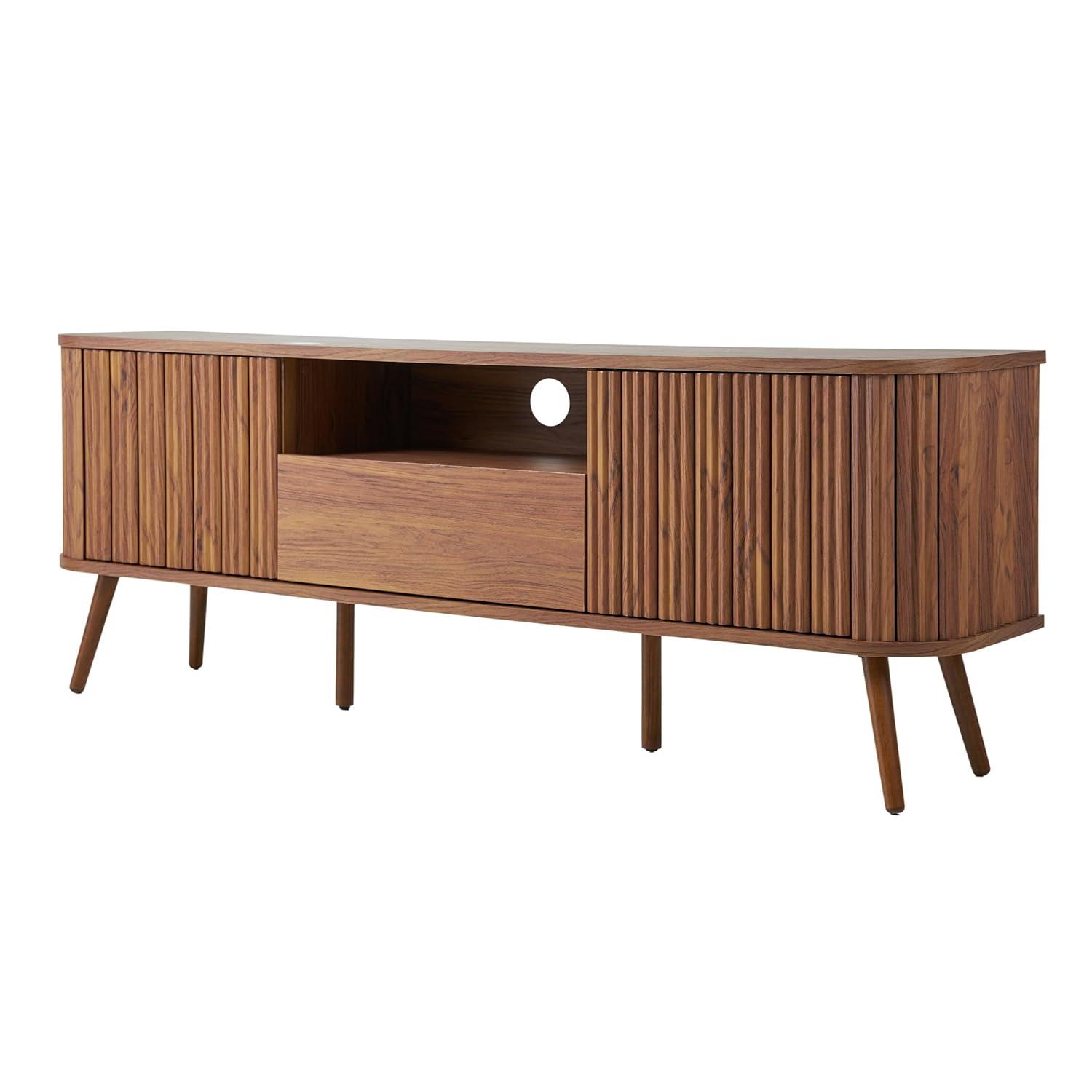 JONATHAN Y Damien 70 in. Farmhouse Curved TV Stand with Drawer and Storage Doors Fits TVs up to 75 in. with Cable Management, Walnut