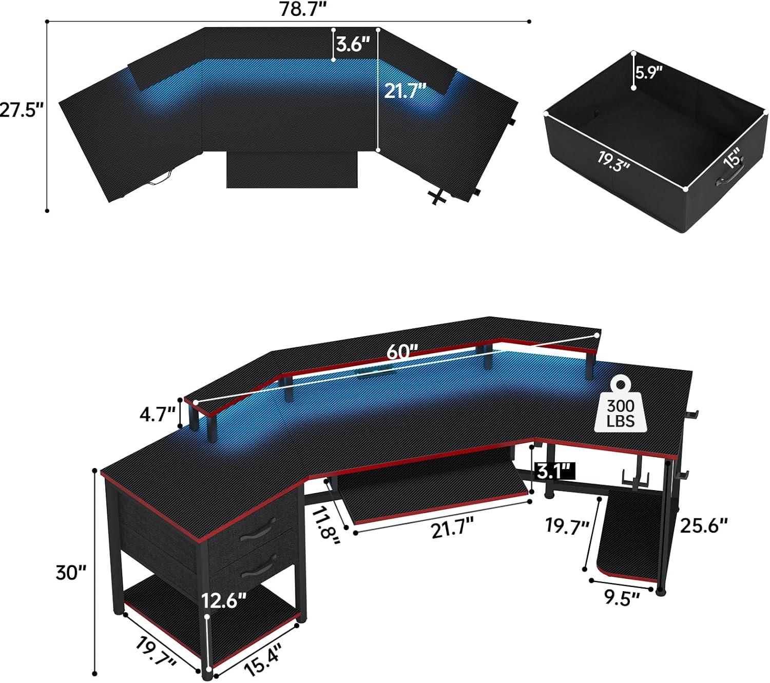 79" Gaming Desk, Computer Desk with 2 Fabric Drawers & LED Light, L Shaped Gaming Desk with Storage Shelf for Home Office, Carbon Fiber Black&Red