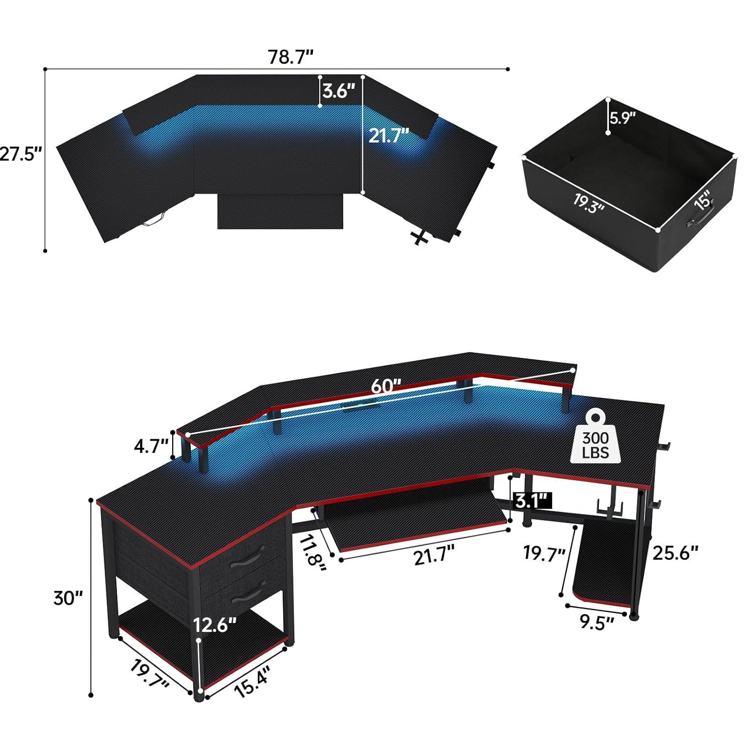 79" Gaming Desk, Computer Desk with 2 Fabric Drawers & LED Light, L Shaped Gaming Desk with Storage Shelf for Home Office, Carbon Fiber Black&Red