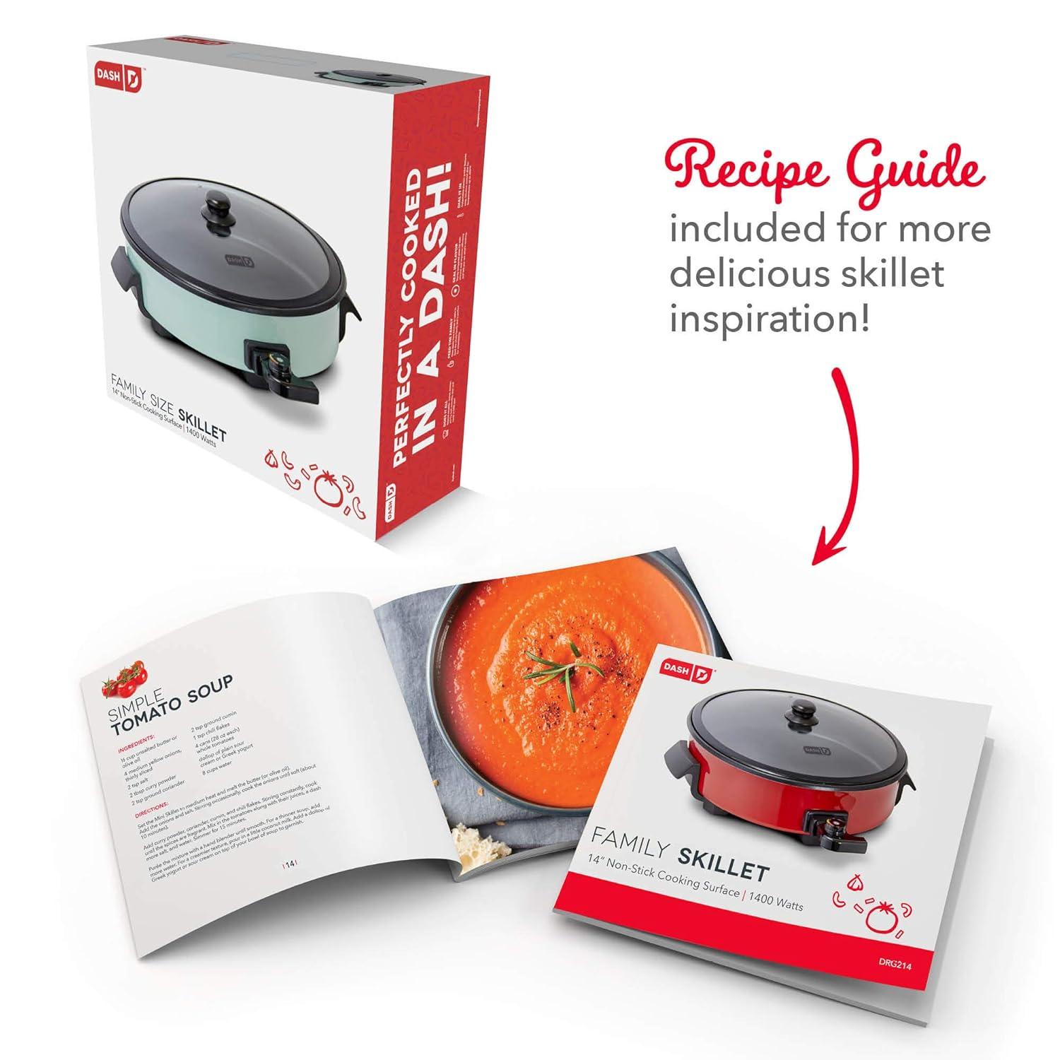 Dash Family Size Electric Skillet with 14 inch Nonstick Surface + Recipe Book for Pizza Burgers, Cookies, Fajitas, Breakfast & More, 20 Cup Capacity, 2.5 inch Deep, 1400-Watt - Red
