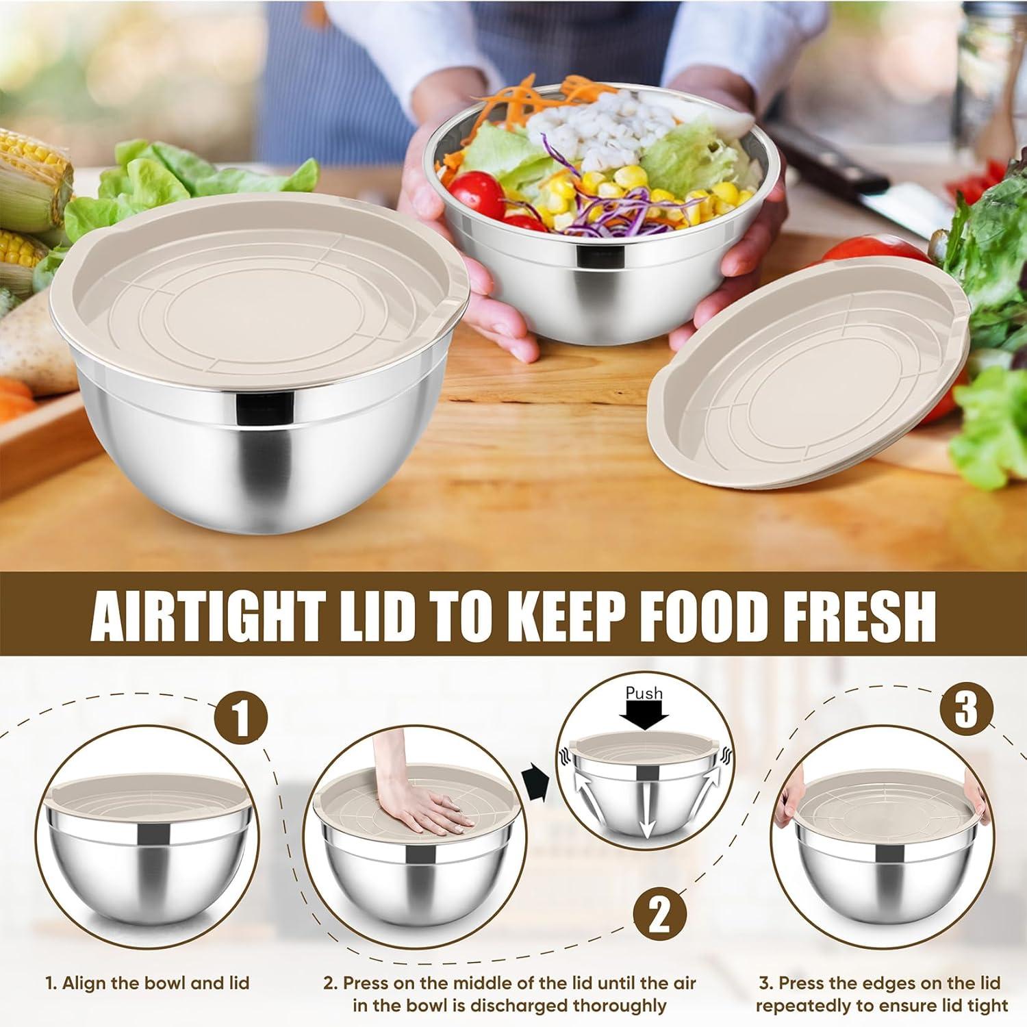 Toledo Bath & Kitchen Stainless Steel Mixing Bowls With Lids, 5-Pack Metal Nesting Bowls With Airtight Covers For Cooking, Baking, Serving, Storage, Non-Toxic & Dishwasher Safe, Size 4.6/3/1.5/1/0.7QT - Khaki
