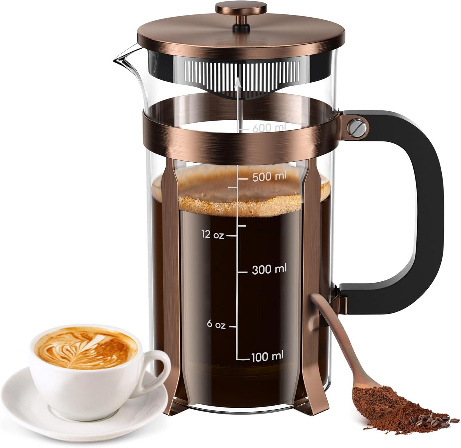 French Press Coffee Maker (21oz 600ML 3-4Cup) Coffee Press, with 4 Filters System, Heat Resistant Thickness Borosilicate Glass, Cold Brew Coffee Tea Pot Gifts (Copper)