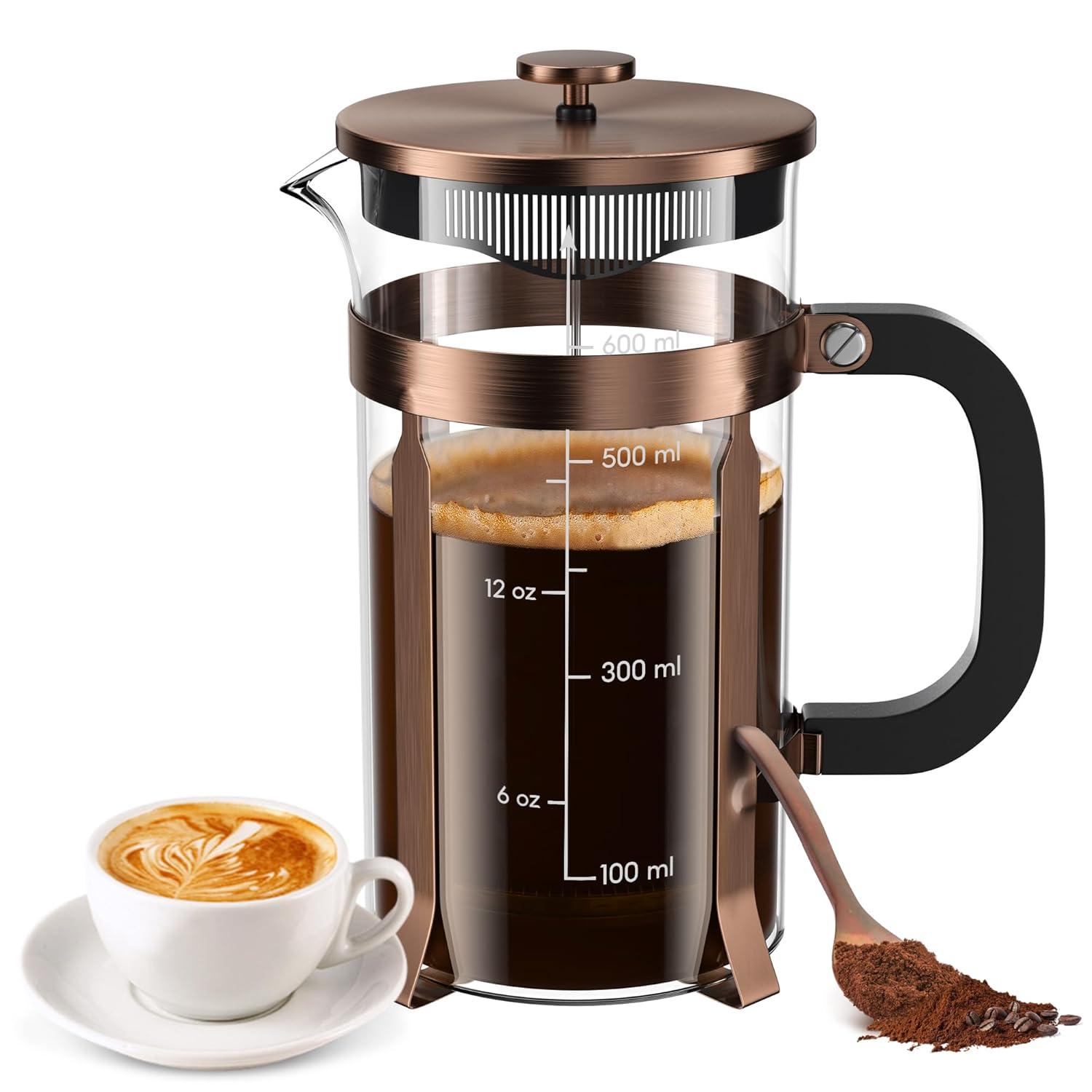 French Press Coffee Maker (21oz 600ML 3-4Cup) Coffee Press, with 4 Filters System, Heat Resistant Thickness Borosilicate Glass, Cold Brew Coffee Tea Pot Gifts (Copper)