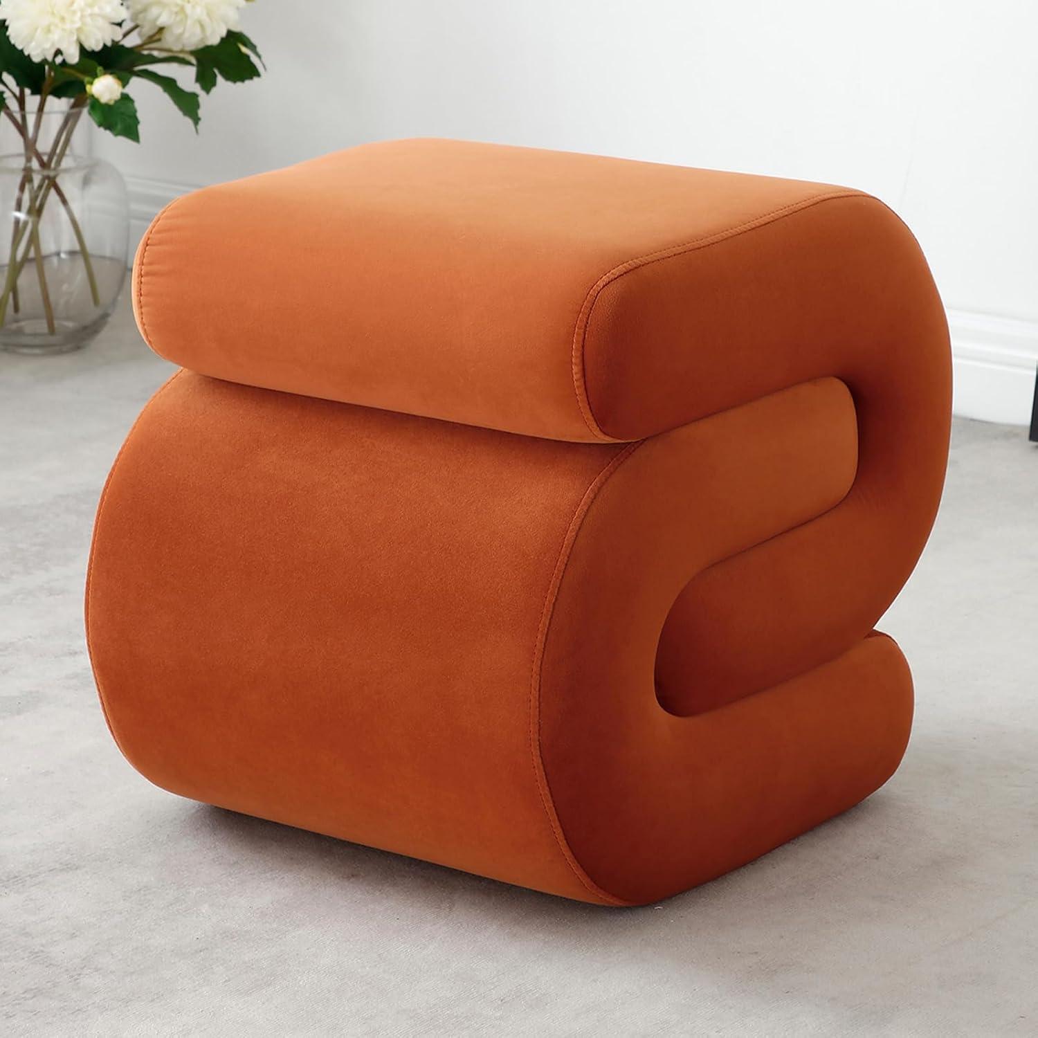 Orange Velvet S-Shape Upholstered Foot Stool