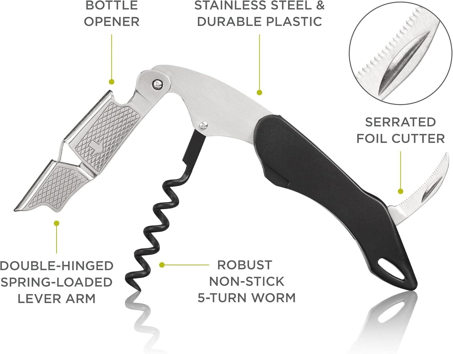 True Heavy Duty Sommelier Waiters Corkscrew Wine Opener Manual, Professional Corkscrews Cork Openers, Bartender Accessories, Home Bar, Set of 1, Black