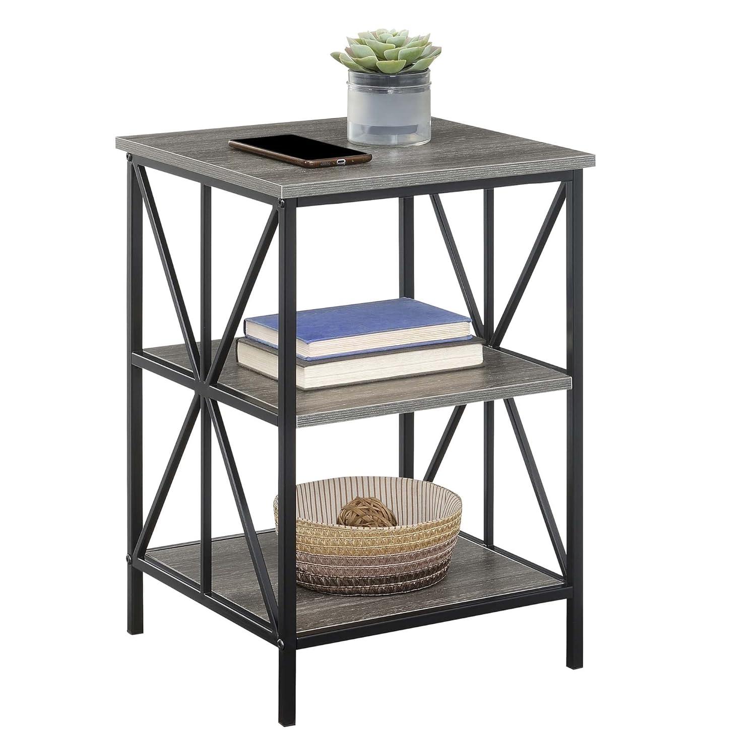 Convenience Concepts Tucson Starburst End Table with Shelves, Weathered Gray/Black
