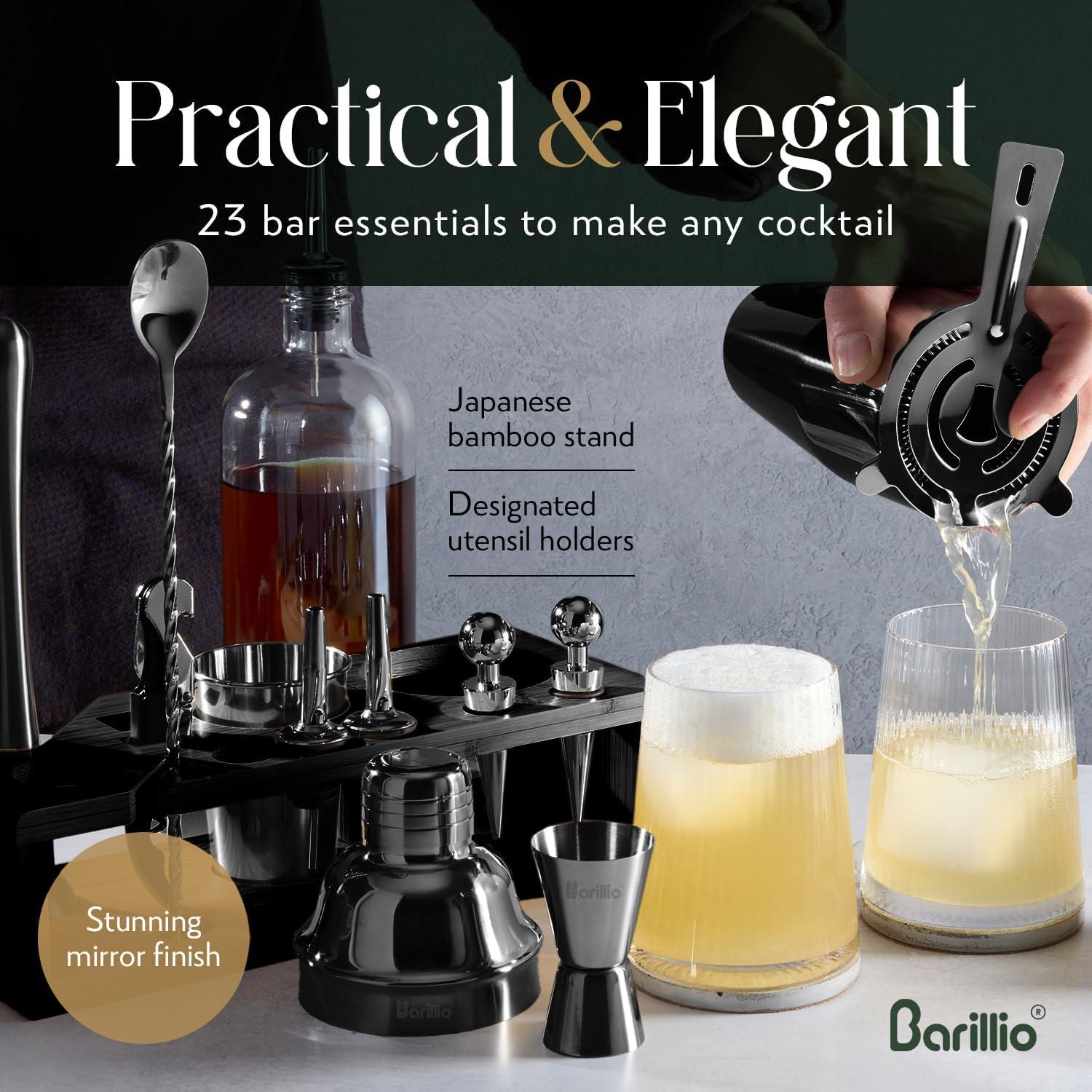 Black Stainless-Steel Bartender Kit with Bamboo Stand