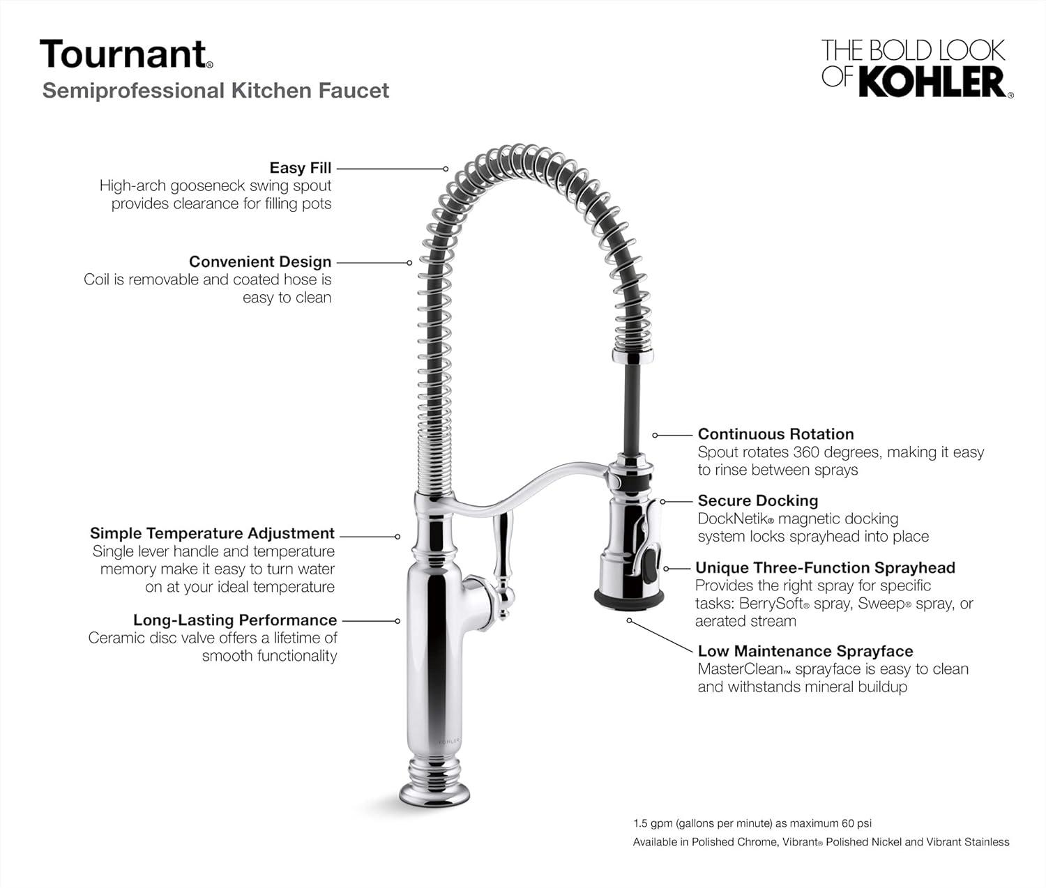 Kohler Tournant® Single Handle Semi-Professional Pre-Rinse Kitchen Faucet with Three-Function Pull Down Sprayer