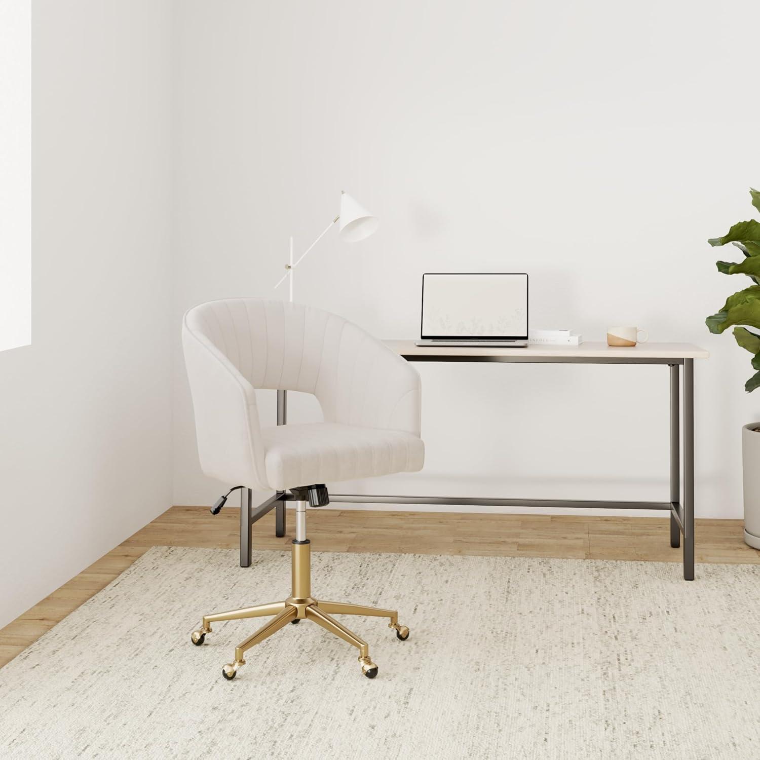 Beige Velvet Swivel Task Chair with Gold Metal Base