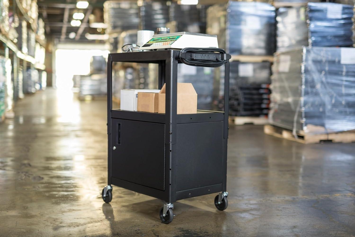 Adjustable-Height Black Alloy Steel AV Cart with Lockable Cabinet