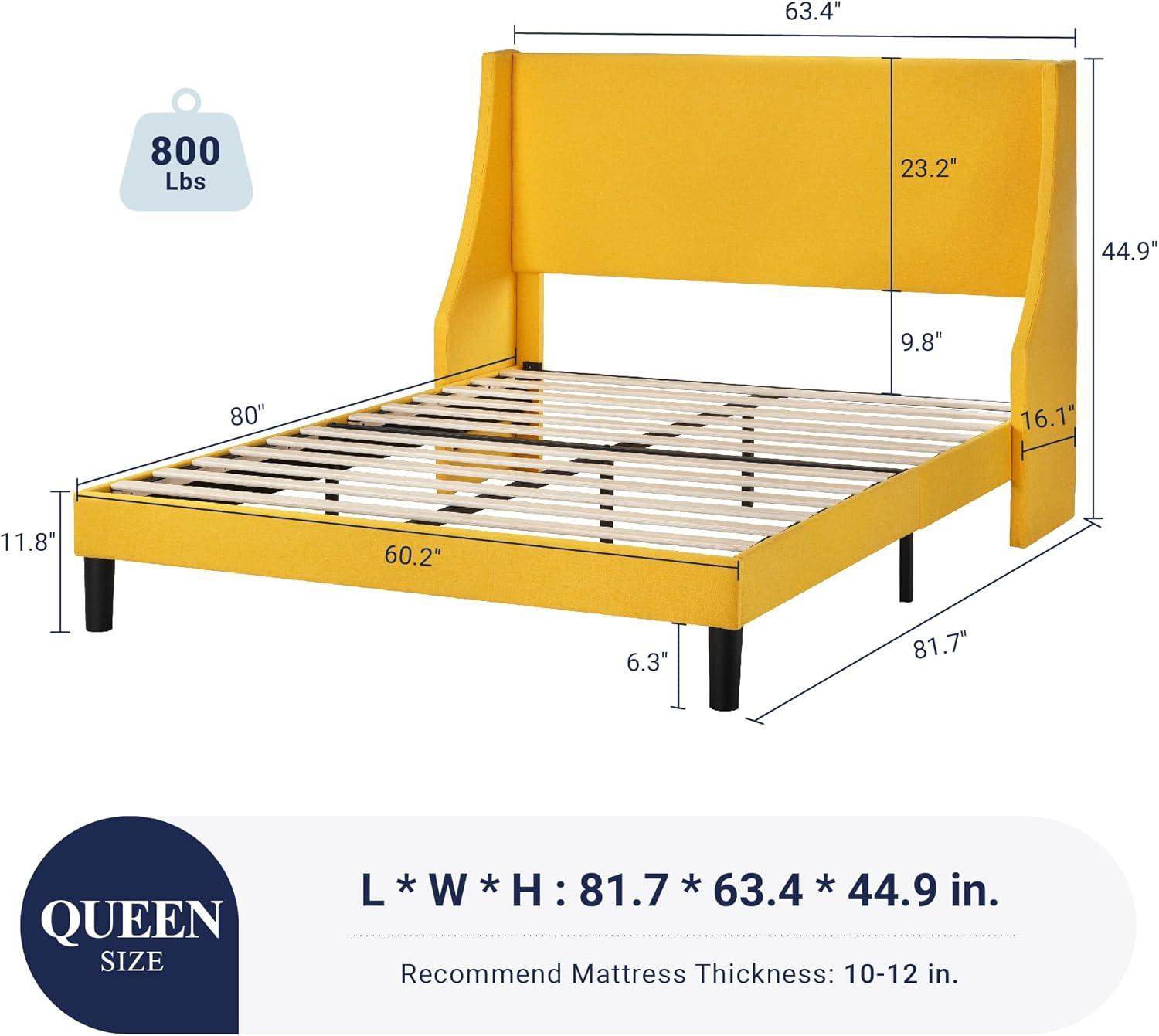 Allewie Platform Bed Frame Queen Size with Upholstered Headboard, Modern Deluxe Wingback, Wood Slat Support, Mattress Foundation, Light Yellow