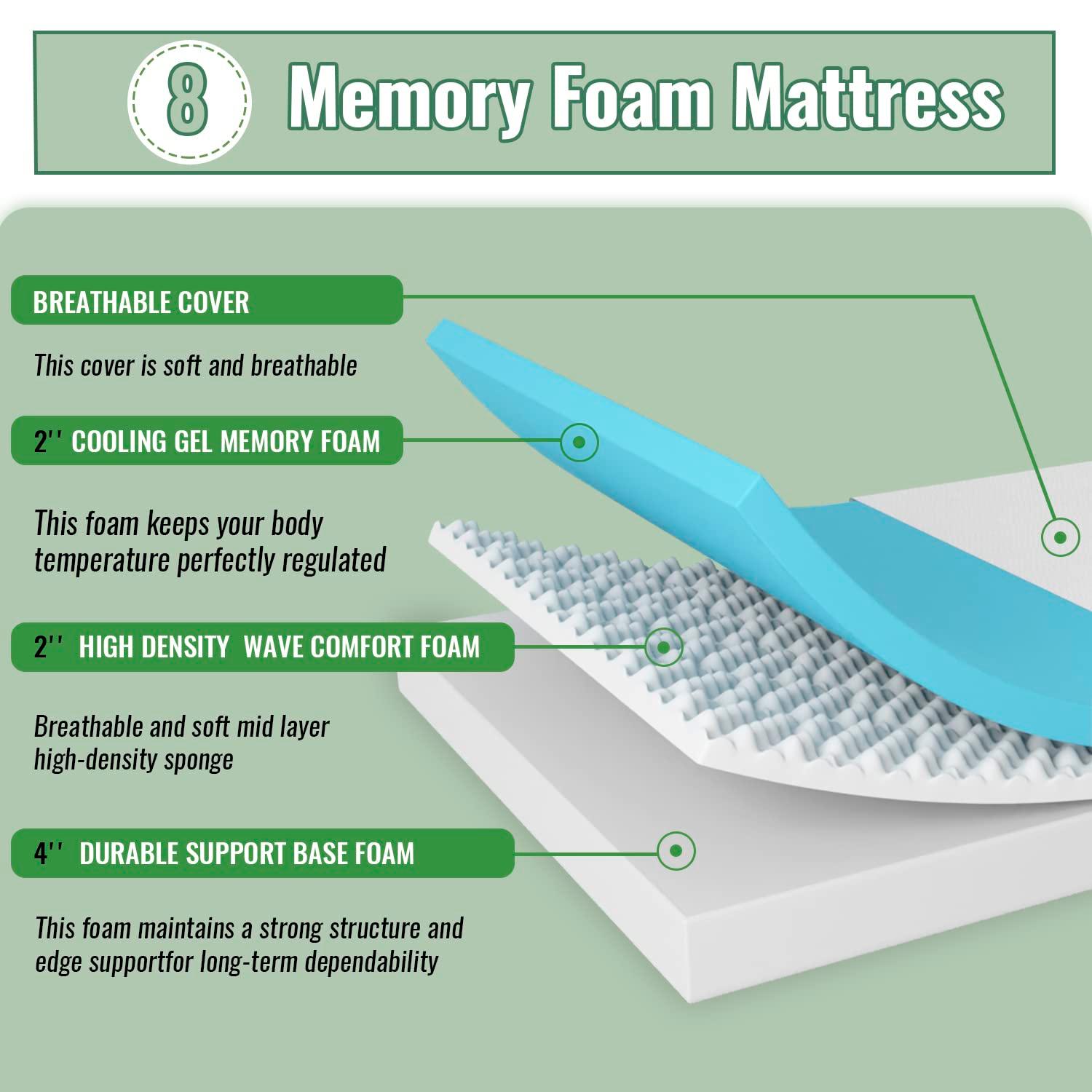 FDW 8 inch Twin Gel Memory Foam Mattress Wave Comfort Foam Mattress 8 inch Mattress, CertiPUR-US Certified,,White Twin