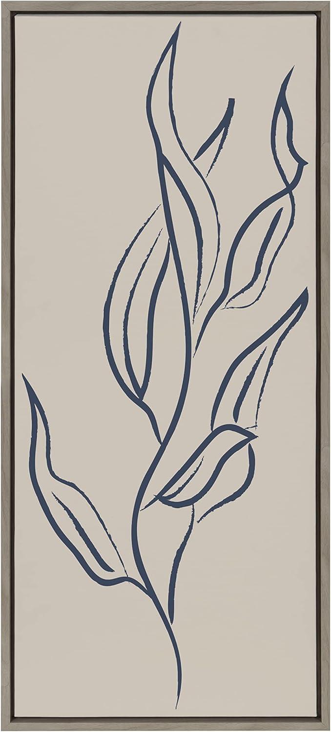 Kate and Laurel Sylvie Muted Illustrated Botanical Dark Blue and Tan Framed Canvas Wall Art by The Creative Bunch Studio, 18x40 Gray, Leaf Plant Art for Wall