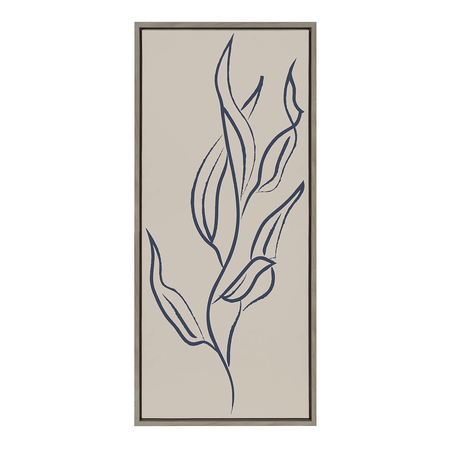 Kate and Laurel Sylvie Muted Illustrated Botanical Dark Blue and Tan Framed Canvas Wall Art by The Creative Bunch Studio, 18x40 Gray, Leaf Plant Art for Wall