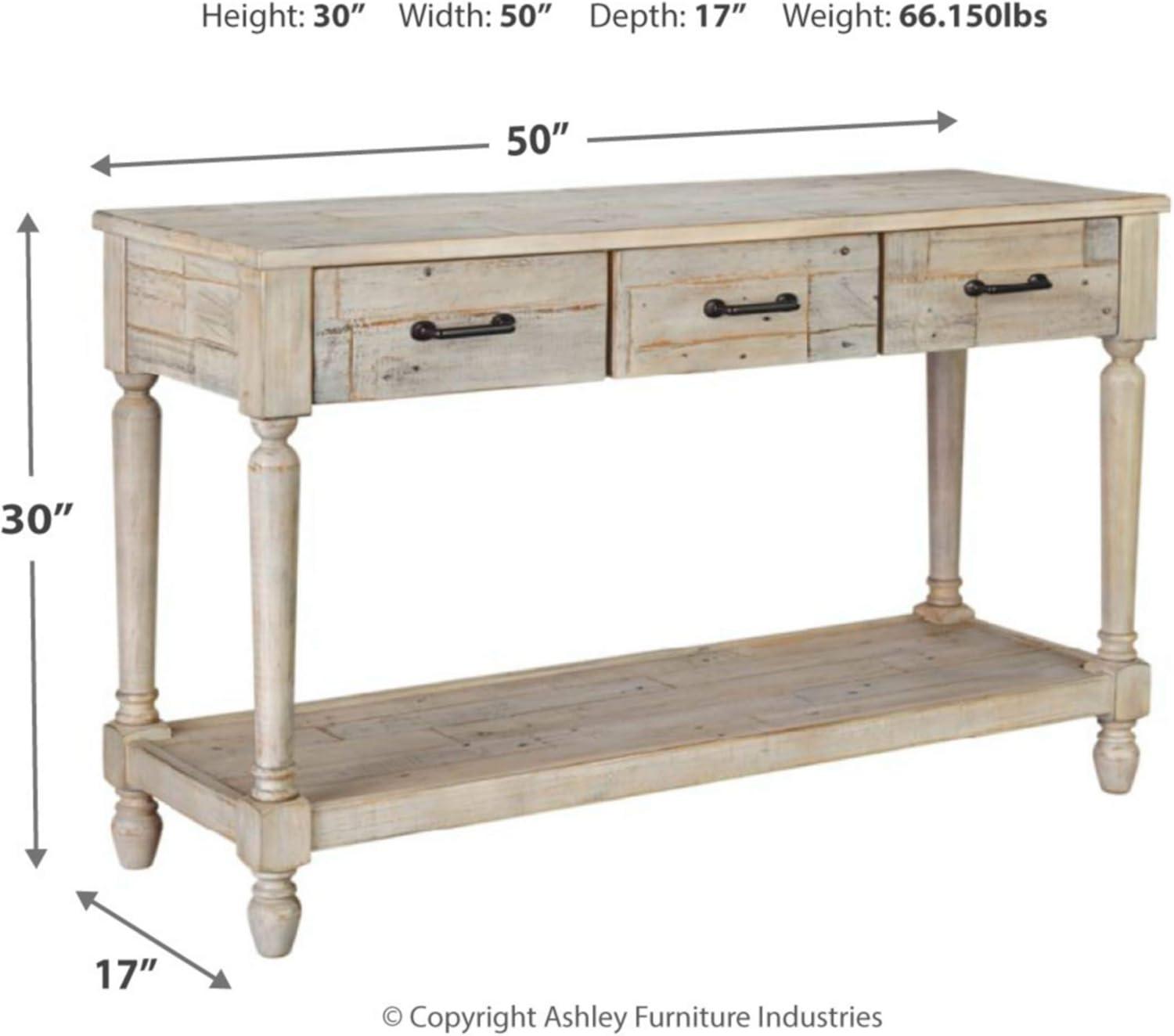 Whitewash Pine Wood Rectangular Console Table with Storage