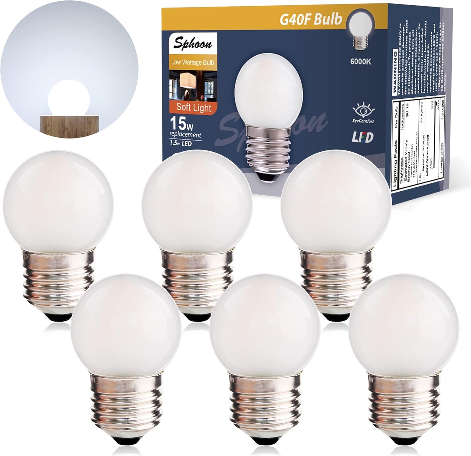 Globe Led Low Watt Light Bulbs 1.5W Equivalent 15 watt Soft White 6000k Frosted, Tiny G40 Bulbs for Bed-Side Table, Vanity Mirror, Porch, Home Decor, E26 Base Low Lumens Light Bulbs, Pack of 6